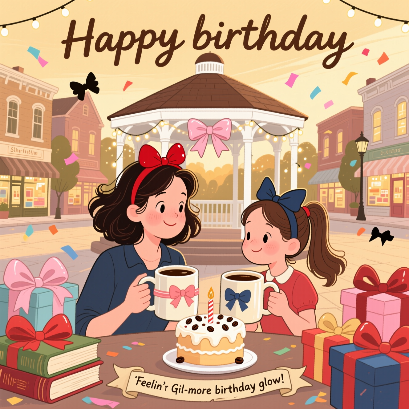 At the top of the Illustration Style image, Happy birthday 
Hand-drawn, cute, warm illustration of a Stars Hollow–inspired town square at golden hour: the white gazebo centered in a balanced composition, draped in pastel satin bows and twinkling fairy lights. In the foreground, a spirited mother–daughter duo reminiscent of the Gilmore Girls shares oversized diner mugs, each mug tied with a tiny ribbon bow; one wears a cherry-red bow headband with tousled dark hair, the other a neat navy ribbon bow on a ponytail. Around them: stacks of well-loved books wrapped with silky bows, gift boxes with big fluttery bows, and a petite birthday cake topped with a glossy icing bow and coffee bean sprinkles. Confetti shaped like bow silhouettes floats through the air. Cozy storefronts glow softly in the background. Fine linework, textured brush strokes, paper grain, and a warm expressive palette of cappuccino browns, buttercream, blush pink, cherry red, and navy blue. At the bottom on a small ribbon scroll, add a single short caption: “Feelin’ Gil-more birthday glow!”
Generated with these themes: Gilmore Girls, Bows, and .
Made with ❤️ by AI.