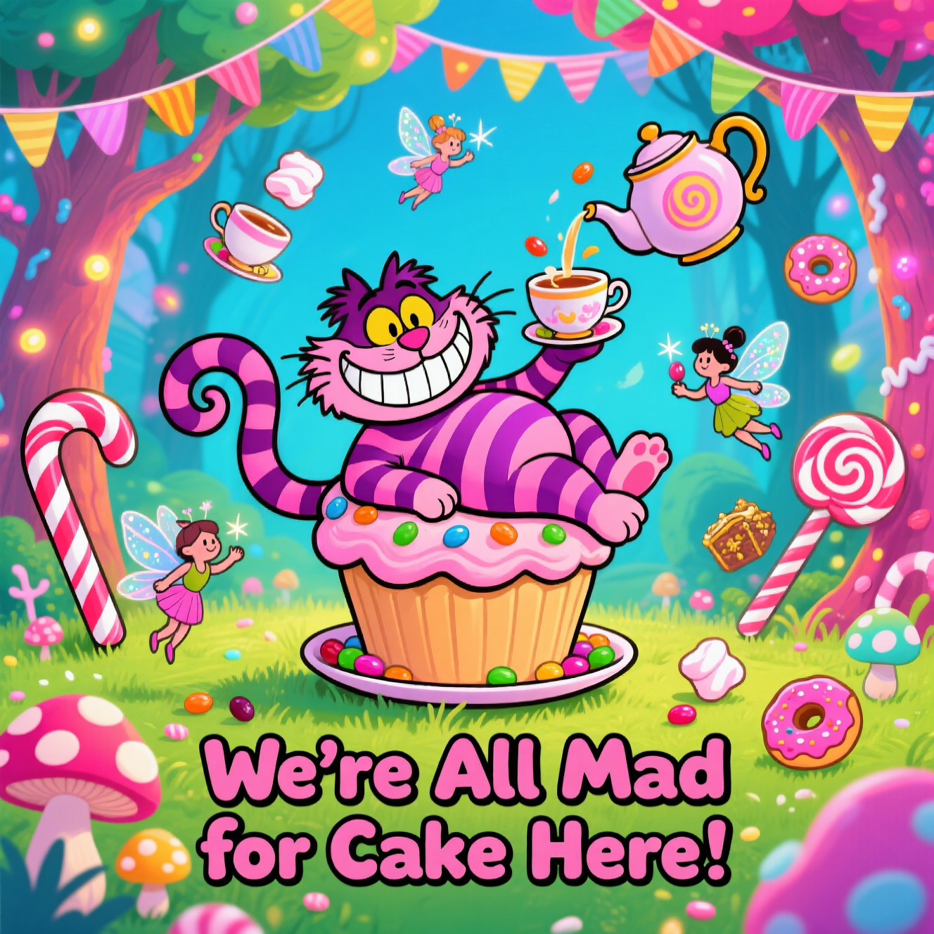 Alice in wonderland cheshire cat with sweets and tea and fairy forest, and Birthday Card