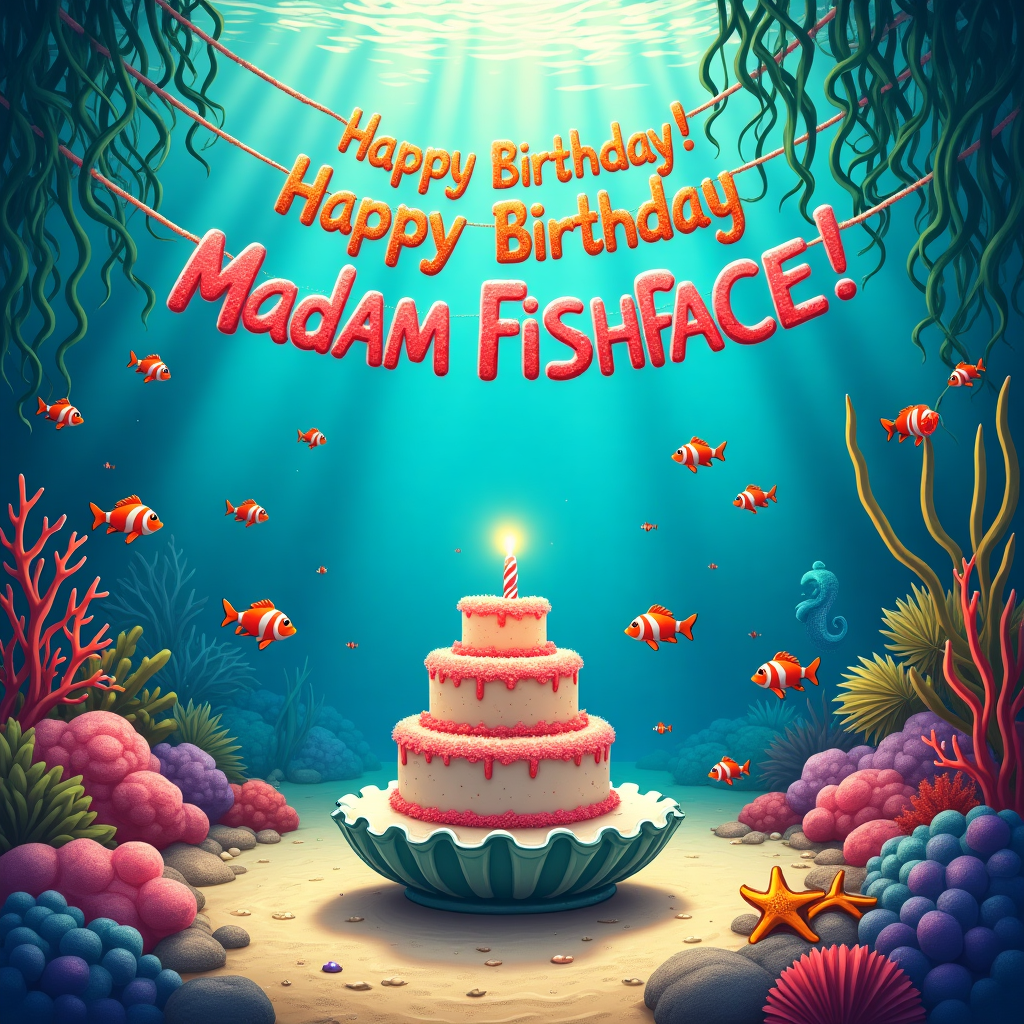 In a whimsical underwater wonderland, the cover of the birthday greetings card showcases a vibrant oceanic party where Madam Fishface is the celebrated guest of honor. At the center of the scene is a lavish coral reef decked out in festive decorations. Suspended from delicate strands of seaweed, a giant seaweed banner spells out "Happy Birthday, Madam Fishface!" in shimmering, bioluminescent letters that glow with a rainbow of colors. Below the banner, a grand cake made of sand and decorated with sea shell icing sits atop a giant clam shell pedestal, with colorful starfish forming a perfect ring around it. A school of clownfish, acting as party entertainers, swim in synchronized formation, creating playful patterns in the water, while a group of seahorses line-dance alongside them, wearing tiny top hats. Floating above, a jellyfish orchestra plays melodies on seaweed violins and kelp cellos, filling the ocean with an aquatic symphony. To the right, a pair of octopuses juggle a variety of ocean treasures, including pearls and shiny stones, for the amusement of all. The entire scene is bathed in the soft glow of sunlight streaming through the water's surface, casting rippling shadows that dance across the seafloor, adding a magical touch to Madam Fishface's underwater celebration.
Generated with these themes: Madam Fishface.
Made with ❤️ by AI.