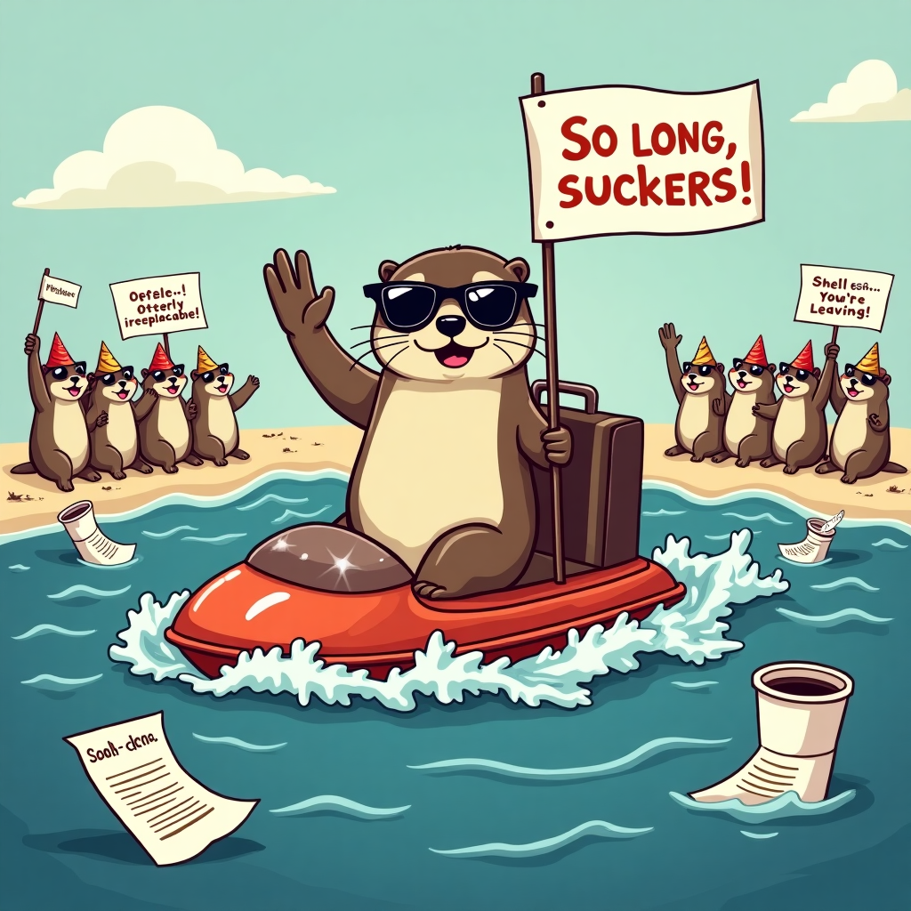 **Prompt:**  
A comical cartoon-style vector illustration of an otter in sunglasses, riding a suitcase like a jet ski across a wavy ocean of office papers and coffee cups. The otter is giving a cheeky salute with one paw, while a small flag on the suitcase reads "So long, suckers!" in playful lettering. In the background, fellow otters wearing tiny party hats wave from the shore, some holding up signs like "Otterly Irreplaceable!" and "Shell Yeah, You’re Leaving!" The color palette is bright and cheerful with a whimsical tone, capturing a light-hearted and funny farewell scene.
Generated with these themes: otter.
Made with ❤️ by AI.
