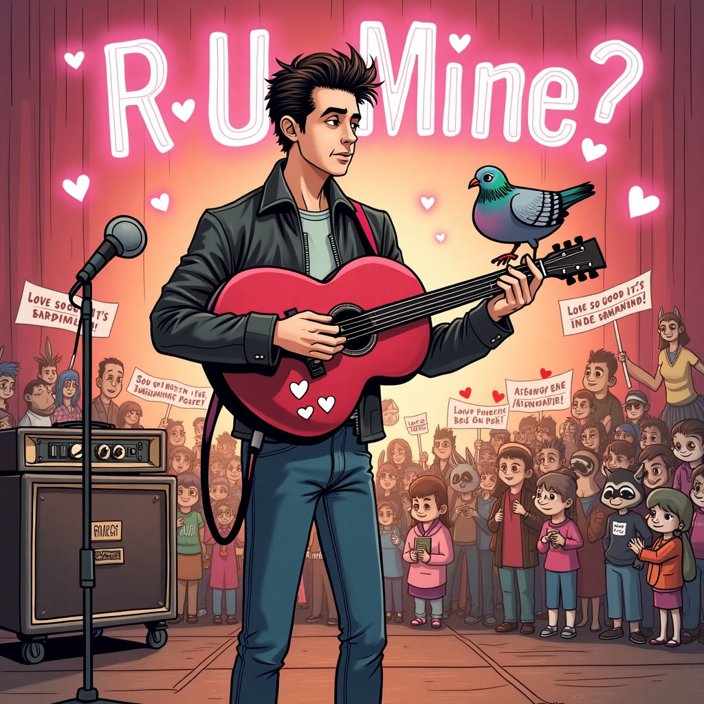 At the top of the cartoon image: "Bella Grace Day, I’d write you love letters in Arctic Monkeys lyrics — and still sound cooler than I actually am."

Image Prompt:  
A quirky cartoon of Alex Turner, Arctic Monkeys frontman, in his iconic leather jacket and slicked-back hair, holding a giant heart-shaped guitar. He's serenading a love-struck cartoon pigeon perched on a vintage microphone stand. Behind him is a dreamy stage set, complete with a neon-lit sign that says "R U Mine?" in pink lights. A small amp hums with love hearts floating from the speaker. Nearby, a valentine-themed crowd of swooning animals (like hipster foxes and indie raccoons) cheer with banners that say things like “Love so good it’s borderline poetic.” Everything has a retro-romantic aesthetic with musical puns tucked into the background posters.
Generated with these themes: alex turner.
Made with ❤️ by AI.