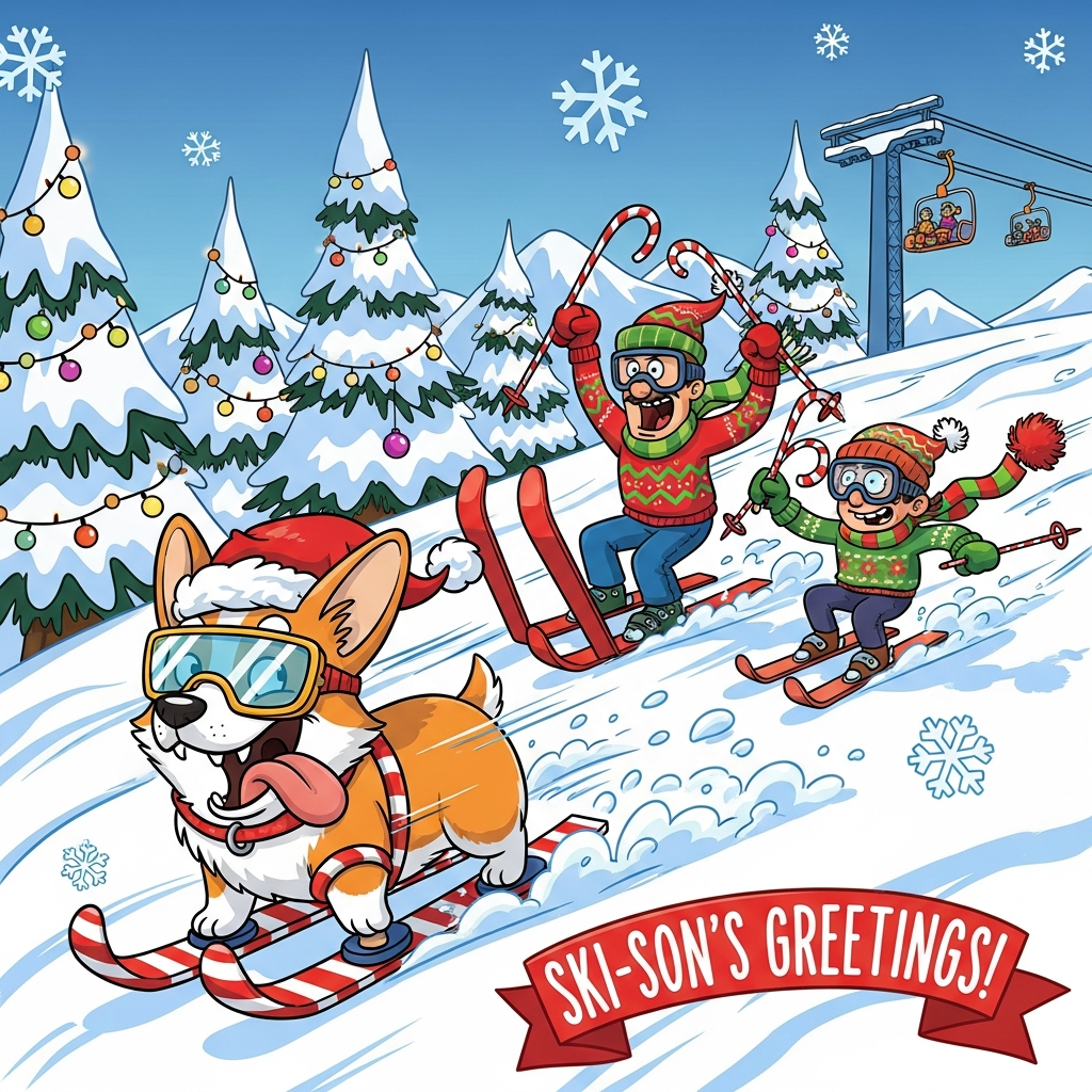 Funny Christmas cartoon on a snowy mountain slope: a grinning corgi in candy-cane striped mini-skis rockets past with tongue out, mirrored goggles and a wobbly Santa hat; behind him, two cartoon skiers in ugly Christmas sweaters and bright scarves hurtle downhill—one tall and one short—skis crossed, candy-cane poles flailing, goofy exaggerated expressions, pom-poms flying. Snowy pines decked with twinkly lights and ornaments line the run; a chairlift in the distance is strung with baubles; big fluffy snowflakes sparkle in the air. Dynamic low-angle shot with swoosh lines, snow spray and playful, energetic poses. Style: bold thick outlines, oversized heads and hands, bright saturated reds/greens/icy blues, chunky shapes, simple shading with glossy highlights, whimsical details. Add a small curved ribbon banner near the bottom with a single cheeky line of text, chunky hand-lettered in white with a red outline: “Ski-son’s Greetings!” (no other text).
Generated with these themes: A dog and two people skiing, and .
Made with ❤️ by AI.