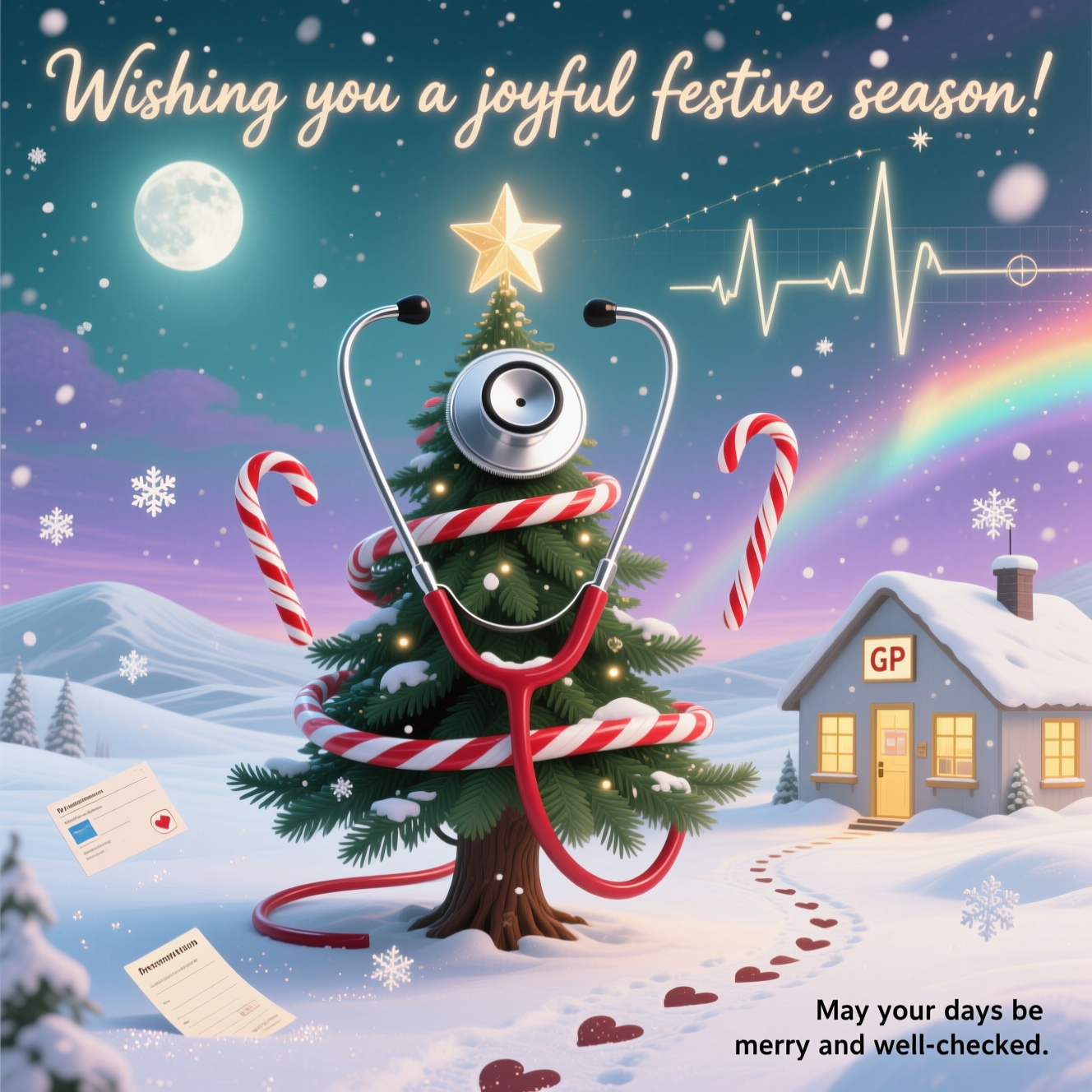 At the top of the Surreal Style image, "Wishing you a joyful festive season" in soft, handwritten script, gently glowing like warm breath in winter air

A Dali-inspired, dreamlike winter landscape under a dusky, teal-and-lavender sky with a luminous moon. In the center, a majestic Christmas tree grows organically from a giant stethoscope: the silver chestpiece becomes a radiant star atop the tree, the tubing melts and spirals into the trunk, branching into glossy evergreen boughs. Red-and-white candy canes stretch, bend, and drift like ribboned auroras, looping around the tree in graceful helices. Snow drifts billow like soft ocean waves; delicate snowflakes fall, some subtly shaped like appointment cards and prescription slips that dissolve into glitter as they land.

To one side, a small, welcoming GP clinic nestles half into the snow—a cozy, surreal cottage with elongated lines, warm golden windows, and a simple sign that reads “GP” on a gently swaying plaque. A curving path of heart-shaped footprints leads to the door. Floating above the scene are faint ECG line constellations that arc across the sky, their peaks twinkling like stars. Gentle, ethereal lighting casts long poetic shadows; colors shimmer in pearly whites, pine greens, candy reds, and soft golds. The mood is sincere, tender, and hopeful—health and holiday warmth seamlessly entwined in a serene, otherworldly tableau. Ultra-detailed painterly textures, soft bokeh snowfall, subtle mist, high depth, vertical composition.

Optional small caption at the bottom-right in friendly, minimal sans-serif: “May your days be merry and well-checked.”
Generated with these themes: Snow, Chritsmas tree, GP services, Candy cans, Stescope, and .
Made with ❤️ by AI.