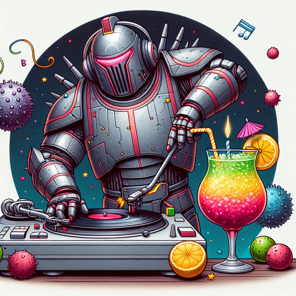 A whimsical birthday scene showing a fully armored space knight, reminiscent of popular contemporary space fantasy narratives, using a turntable in a lively party. The knight is skilfully juggling between spinning vinyl records and mixing a vibrant, fizzy cocktail. To add an element of the extraterrestrial, the cocktail is garnished with a slice of strange alien fruit and a tiny umbrella. Everything about this image should exude fun, charm, and a dash of intergalactic mystery.
Generated with these themes: The madalorian,mixing,vodka.
Made with ❤️ by AI.