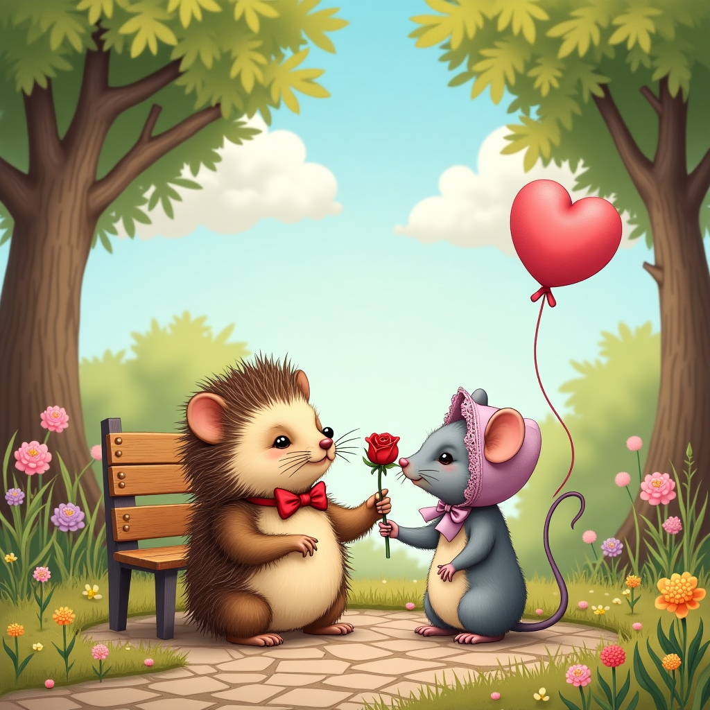 Cute boy hedgehog and girl rat in love Valentines-day Card