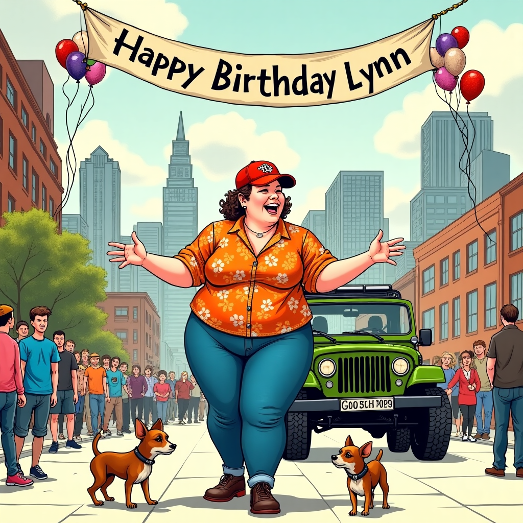 Picture this: a bustling Detroit street scene, reminiscent of a Norman Rockwell painting, yet infused with the lively line work of Quentin Blake. At the center of the illustration, there stands Lynn—a vibrant, confident figure with a sense of humor about her curves, illustrated with bold, expressive strokes in the style of Edward Gorey. 

Lynn is depicted wearing a flamboyant Detroit Tigers baseball cap, a bright, floral-patterned blouse, and snug jeans, which cheekily highlight her "fat ass" with affectionate detail. She's caught mid-laugh, arms open wide, as if she's greeting a parade in her honor.

Around Lynn, a small, jubilant crowd gathers. Among them, two adorable Yorkies prance at her feet, their tails wagging energetically. The Yorkies are rendered with Maurice Sendak-like whimsy, their fur a vibrant mix of browns and creams.

Parked on the street behind Lynn is her rugged Jeep, illustrated with meticulous attention to detail à la Arthur Rackham. The Jeep's tires are slightly oversized, giving it a cartoonish charm, and the paint gleams a striking forest green, reflecting Detroit’s cityscape.

In the background, the Detroit skyline rises, drawn with the grandeur of Gustave Doré's intricate etchings. Skyscrapers loom in subtle greys and blues, a perfect backdrop to the festive foreground.

High above the scene, a banner stretches across the sky, flanked by cheerful balloons in red, white, and blue, hinting at her political leanings. The banner reads, "Happy Birthday Lynn," in bold, playful letters that swirl like Maxfield Parrish clouds against a sunny Beatrix Potter sky.

Each element is vividly colored, capturing the spirit of a jubilant birthday celebration with a dash of Beardsley’s elaborate detail and a sprinkle of Blake’s playful exuberance.
Generated with these themes: Lives In Detroit, has fat ass, loves Trump, has to Yorkie's, drived a Jeep.
Made with ❤️ by AI.