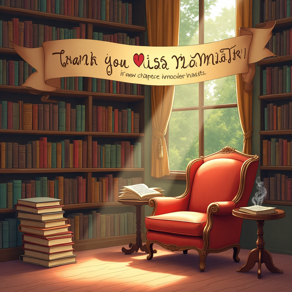 At the top of the Illustration Style image, include the text "Thank You Miss Morton."

**Image Description:**

Create a cozy, inviting library scene bathed in warm, golden light. A tall, wooden bookshelf filled with various colorful books stretches across the background, each spine showing titles that hint at stories of gratitude and appreciation. A plush, vintage armchair sits to the side with a thick, open book resting on its seat, pages slightly fluttering as if in mid-read. A small table beside the chair holds a steaming cup of tea, sending wisps of aromatic steam into the air.

In the foreground, a gently fluttering banner made of book pages floats through the air with a handwritten message: "You've written a new chapter of gratitude in our hearts." The whole scene is delicately illustrated with fine lines and rich textures, using a palette of warm earth tones, deep reds, and gentle yellows, exuding sincerity and warmth.
Generated with these themes: Thank you, Books, and .
Made with ❤️ by AI.