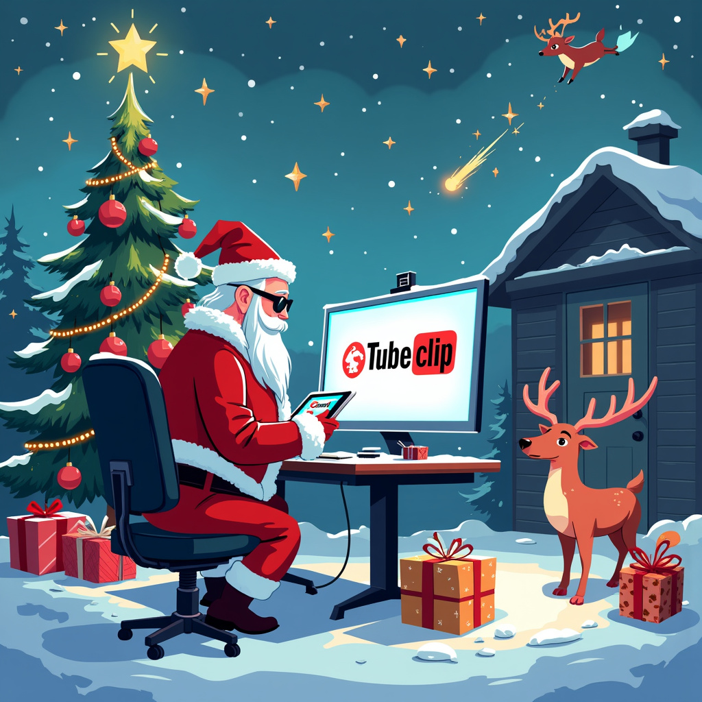 Imagine a whimsical winter wonderland where Santa's sleigh has made an unscheduled stop at the North Pole headquarters of Tubeclip.co.uk. The scene is bursting with holiday cheer and quirky humor. 

At the center, we see a modern, vector-style Santa Claus, inspired by the sleek lines of Patrick Seymour and the bold colors of Orlando Arocena. Santa is hunched over a large, flat-screen monitor with the Tubeclip.co.uk logo prominently displayed on the screen, wearing stylish, futuristic glasses. His traditional red suit is accented with glowing neon trims, courtesy of Matt W. Moore's influence.

Beside Santa, a group of tech-savvy elves are busy at work. One elf, drawn in the expressive and dynamic style of Cristiano Siqueira, is holding a tablet with a stylus, intensely focused on editing a video. Another elf, in the playful and characterful manner of Geo Law, is tangled up in a string of fairy lights that seem to blink with pixelated patterns. 

On the left side of the scene, a Christmas tree adorned with techy ornaments like microchips, USB drives, and miniature monitors showing holiday clips from Tubeclip.co.uk stands tall. The tree is decorated in the minimalistic yet striking style reminiscent of Malika Favre, with clean lines and bold, contrasting colors.

To the right, reindeers are chilling in a cozy, snow-covered outdoor area, but instead of traditional reindeer games, they are gathered around a large tablet, watching a holiday video on Tubeclip.co.uk. The reindeers are animated with a geometric, abstract flair influenced by Joshua Davis. 

Above, the sky is filled with twinkling stars that form patterns and shapes, reminiscent of Yulia Sokolova's intricate vector designs. One star in particular shines brighter, with a comet-like trail leading to the Tubeclip.co.uk logo, effectively drawing attention to the brand in a clever, integrated manner.

In the background, the North Pole workshop is depicted with elements of Von Glitschka’s playful and detailed illustration style, featuring robotic arms wrapping gifts and conveyor belts transporting colorful presents. The entire scene is enclosed in a snowy border with Lisa Lopuck's elegant touch, ensuring every detail pops.

The card is filled with little Easter eggs, like elves watching Tubeclip.co.uk tutorials on how to make the perfect snowball or Santa’s list having URLs of his favorite holiday videos, making it a delightful discovery for anyone who receives it.
Generated with these themes: tubeclip.co.uk.
Made with ❤️ by AI.