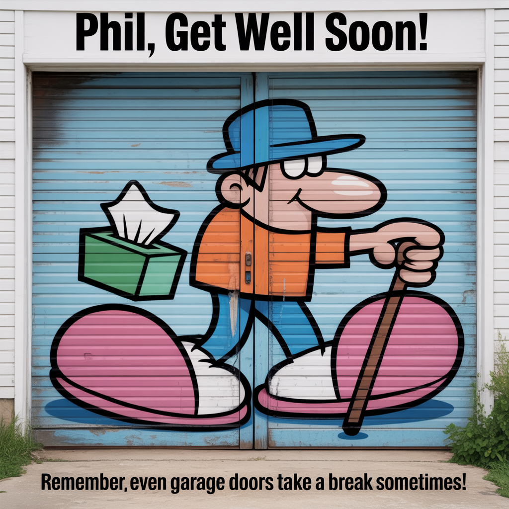 At the top of the image, "Phil, get well soon!" 

At the bottom of the image, "Remember, even garage doors take a break sometimes!"

- In the scene, depict a close-up of a quirky, slightly worn garage door with humorous graffiti featuring a cartoon-like character taking a leisurely walk, holding a cane and a tissue box. The door itself looks like it's wearing a comical pair of oversized slippers, giving off a whimsical, laid-back vibe perfect for bringing a smile during recovery.
Generated with these themes: Garage doors, walking, and .
Made with ❤️ by AI.