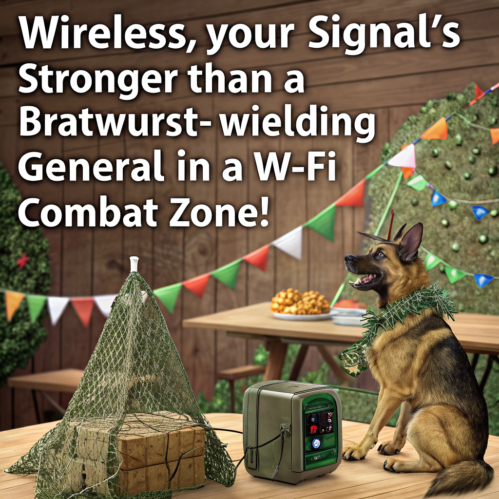 At the top of the image, "Wireless, your signal's stronger than a bratwurst-wielding general in a Wi-Fi combat zone!"

- The image is a realistic photograph featuring a humorous staged scene: A grumpy but adorable German Shepherd dog dressed in a miniature US Army uniform, standing at attention beside a small Wi-Fi router that's been fitted with camouflage netting.

- The dog is inside a rustic wooden Bavarian-style cabin filled with party decorations in US Army green. On the table behind the dog is a half-eaten Black Forest cake, a German beer stein overflowing with root beer foam, and a small birthday card with the words "MISSION: BIRTHDAY SUCCESS" on it.

- In the background, a banner reads "Operation Wireless Birthday," with various little signal icons and birthday balloons camo-painted into stars and stripes. A cuckoo clock on the wall shows it's party time: exactly 1300 hours.

- The overall feel is playful and absurd — a delightful blend of German stereotypes, US Army humor, and Wi-Fi puns all centered around a uniquely named birthday legend, Wireless.
Generated with these themes: German , Wi-Fi , and US Army.
Made with ❤️ by AI.