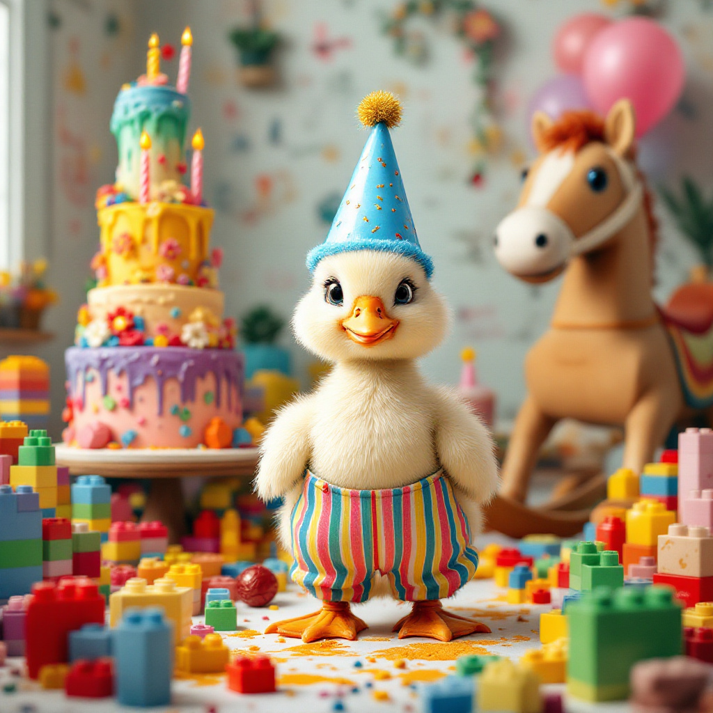In this whimsically chaotic birthday scene, picture a charming, chubby-cheeked baby goose wearing a sky-blue party hat, complete with a sparkling gold pom-pom at the top, and striped rainbow trousers that are slightly too long, comically puddling around its webbed feet. The goose stands in the middle of a vibrant, cluttered playroom. Surrounding the feathered friend is a colorful array of scattered Lego bricks, forming miniature skyscrapers and whimsical bridges that arch over a makeshift moat made from spilled juice. To the left, a grand birthday cake towers, five tiers of pastel-colored layers, each dripping with icing and topped with sugared flowers and candy sprinkles. Candles of varying lengths lean precariously, as if they've been blown out many times before. Behind the cake, a large wooden rocking horse waits, with a tiny party hat perched on its head. The walls of the room are decorated with childlike doodles, reminiscent of Maurice Sendak's playful lines, showing various animal friends, some holding balloons and others juggling cupcakes. Overhead, strings of triangular bunting crisscross the ceiling, adding a touch of festivity with their polka dots and stripes. To the right, a cozy reading nook features a pile of classic storybooks with covers inspired by the detailed illustrations of Arthur Rackham and Beatrix Potter. Perched on top of the stack is a small, fluffy teddy bear, observing the jubilant scene. The window behind the goose shows a soft twilight sky, with hints of Beardsley’s intricate linework in the silhouetted tree branches, as if nodding to the fantasy of the moment. The entire setting is a delightful mélange of detailed elements that tells a story of an unexpected yet charming birthday celebration.
Generated with these themes: Baby Goose wearing a party hat and trousers celebrating a birthday, Birthday cake, and Lego.
Made with ❤️ by AI.