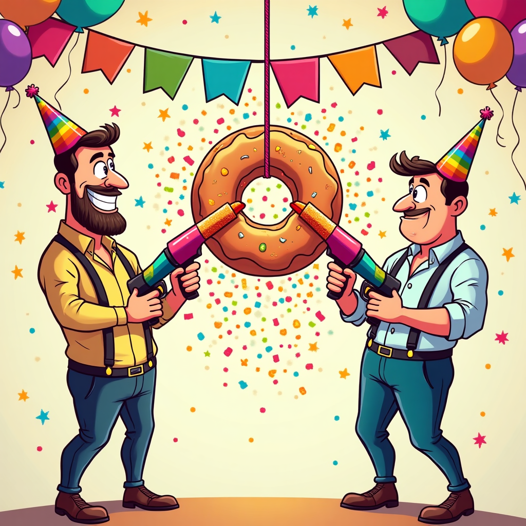 At the top of the Cartoon Style image, Happy Birthday Husband
Large, bold, playful cartoon scene in bright saturated colors with thick outlines and energetic, whimsical poses. Two handsome adult male partygoers with exaggerated features, rainbow party hats and suspenders, stand on either side of a giant frosted doughnut piñata hanging center stage. Each holds an oversized rainbow party cannon aimed toward the doughnut; glittery confetti streams arc dramatically through the air, swirling around the hole without quite hitting it. Rainbow bunting, balloons, stars, and sparkles fill the background, with cheeky peach and eggplant-shaped confetti for a rude wink. Emphasize big expressive eyes, cheeky grins, dynamic motion lines, and a lively, saturated palette.
At the bottom, a small caption reads: "Twice the bang, birthday man!"
Generated with these themes: Big penis, and .
Made with ❤️ by AI.