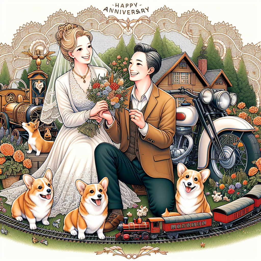 A charming illustration that marks an anniversary, showing a Caucasian married couple filled with happiness as they collectively tend to their bountiful garden with playful Corgis around them. Set against a backdrop is a charming model train setup ambitiously wrapping around a meticulously detailed classic motorcycle, signifying their common interests. The entire scenario is encased in intricate lace patterns paying tribute to the lace anniversary, inserting a stroke of classic sophistication.
Generated with these themes: White married couple, Gardening , Trains, Old Yamaha motorcycle , Lace anniversary , and Corgis .
Made with ❤️ by AI.