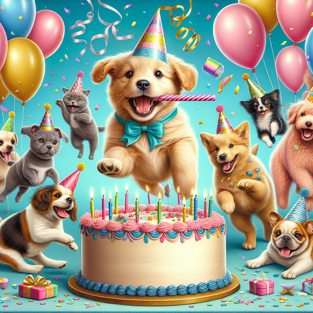 Generate a whimsical, birthday-themed image featuring a group of joyous animals, all donning party hats and gathered around a large, festively adorned birthday cake. The focal point should be a playful puppy wearing a bright ribbon collar, caught mid-stride in a cheerful sprint, lending a sensation of dynamic movement to the scene as balloons sway and confetti flutters around it.
Generated with these themes: Running.
Made with ❤️ by AI.