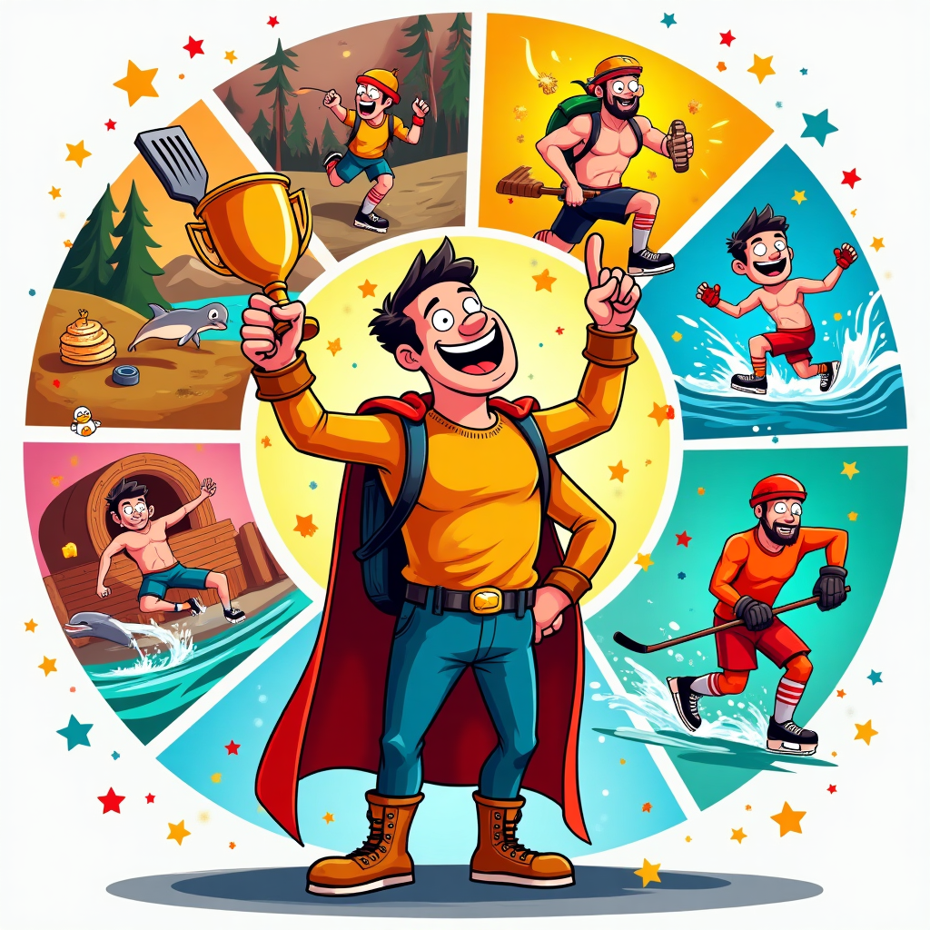 At the top of the Cartoon Style image, Happy Father's Day

Playful cartoon scene with exaggerated proportions, thick outlines, bright saturated colors, and whimsical, energetic poses. A big, funny, hero-dad is center-stage, grinning wide, heroic stance: a spatula raised like a trophy in one hand, a hockey stick slung over his shoulder, running shoes and swim fins dangling from his belt. Around him, eight curved comic panels radiate like a colorful wheel, each bursting with motion lines and over-the-top expressions:
- Hiking: Dad in giant boots thundering up a piney hill, backpack stuffed with goofy gear, a tiny mountain goat jogging beside him.
- Swimming in the ocean: Dad in bright swim cap and goggles cutting through a turquoise wave, cheerful fish and a playful dolphin keeping pace.
- Sauna and ice baths (split panel): Left side warm orange sauna with wooden bench and puffing steam shapes; right side icy blue tub packed with cartoon ice cubes, Dad grimacing and smiling with a rubber duck in a tiny hockey helmet.
- Cooking: In a bold red kitchen, Dad flips a stack of pancakes so high one turns into a flying “puck,” sizzling pan and comic flames under control.
- Exercising – running: Dad sprinting with a headband and flapping laces, big motion swooshes and heart-shaped sweat droplets trailing behind.
- Gym: Dad doing an exaggerated kettlebell swing and comical bicep curl, weights oversized and glossy, neon gym lighting and mirrors for pop.
- Swimming (pool): Dad mid-freestyle in a bright blue lane with white-red lane lines, splashy highlights and bubbles.
- Hockey: Dad on an icy rink, massive gloves, tiny legs in skates, blasting a puck with a whirlwind slapshot, snow-spray arcs sparkling.

Bold, clean composition with thick black outlines, punchy shadows, and a sunny, celebratory vibe; confetti, stars, and little motion dashes tie the vignettes together. Keep all visual humor image-based (no extra words inside the scene beyond the greeting and caption).

At the bottom of the Cartoon Style image, World’s okayest triathlon... times eight.
Generated with these themes: Hiking, Swimming in the ocean, Sauna and icebaths, Cooking, Exercising- running, gym and swimming, Hockey, and .
Made with ❤️ by AI.