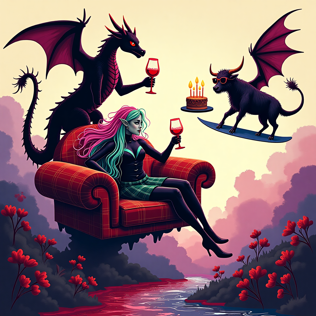 Gothic girl with colourful hair, Dragons, Highland cow, and Wine Birthday Card