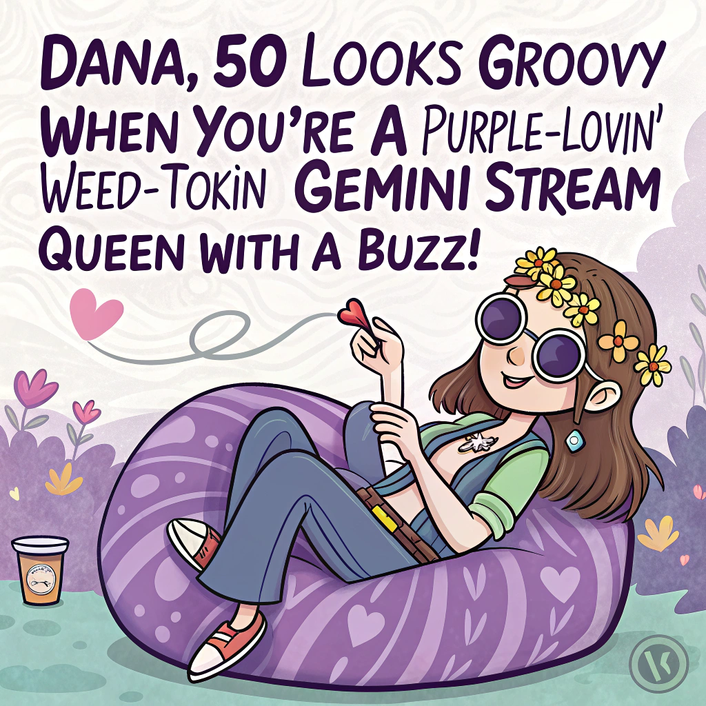 At the top of the image, "Dana, 50 looks groovy when you're a purple-lovin', weed-tokin’, Gemini stream queen with a buzz!"

– In the center of the image, show a cute and cheeky cartoon of DANA: fair-skinned with flowing brown hair in a messy-chic boho style, lounging on a giant tie-dye beanbag shaped like the Gemini symbol. She's wearing oversized round sunglasses and a flower crown, holding a joint in one hand and a retro cocktail glass in the other. A vintage 1975-style PC hums in the background with her Twitch stream up on screen titled “Young Soul, Old Enough to Party.”

– Around her, float quirky birthday icons: mini disco balls, little dancing birthday cakes wearing bell-bottoms, purple cannabis leaves, and bottles with funky labels like “Vintage 1975 Spirit.”

– Add a chill pastel color palette heavy on purple, lilac, and soft hippie earth tones, with sparkly stars and little sarcastic birthday quotes floating in speech bubbles like, “Age is just a playlist length,” and “Streaming bad decisions since 1975.”
Generated with these themes: Hippie vibe brown hair fair skin, 50, 1975, Gemini, Weed, Alcohol , Pc , Streaming , Purple, Chill, Funny , Rude, and Young soul.
Made with ❤️ by AI.