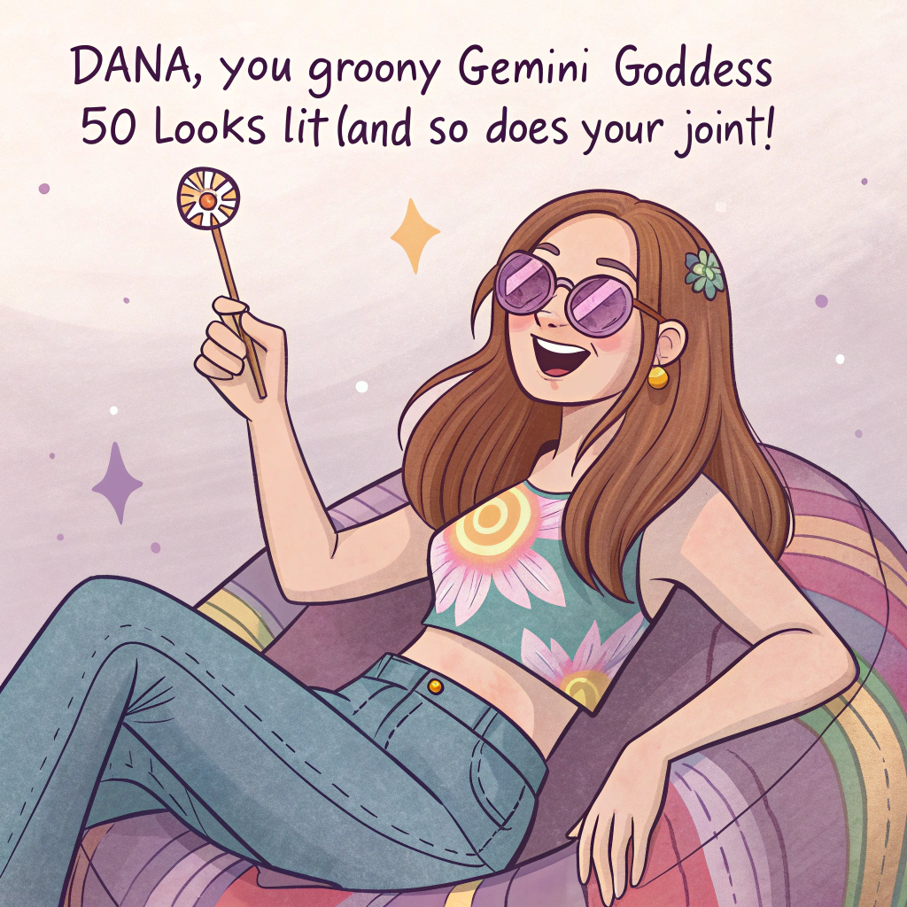 Hippie vibe brown hair fair skin, 50, 1975, Gemini, Weed, Alcohol , Pc , Streaming , Purple, Chill, Funny , Rude, and Young soul Birthday Card