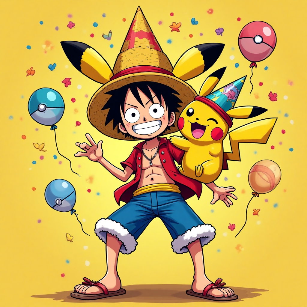 At the top of the Cartoon Style image, in bold playful letters, "Maddi, You’re Not a Year Older, Just a Level Higher!"

**Image Description:** In a vibrant, cartoon-style scene, picture a whimsical mashup where Luffy from One Piece and Pikachu from Pokémon are celebrating a birthday in an exuberant manner. Luffy is wearing a giant yellow birthday hat shaped like a Pikachu, with his wide-eyed expression and trademark grin, and Pikachu is playfully perched on Luffy's shoulder, donning a tiny straw hat like Luffy’s.

Around them, a flurry of colorful confetti rains down, and they are surrounded by balloons shaped like Poké Balls. The scene is filled with energy, with Luffy striking a dynamic pose, and Pikachu giving a cheeky wink, all set against a bright yellow background that makes the characters pop.
Generated with these themes: One Piece, Yellow, Pokémon, and .
Made with ❤️ by AI.