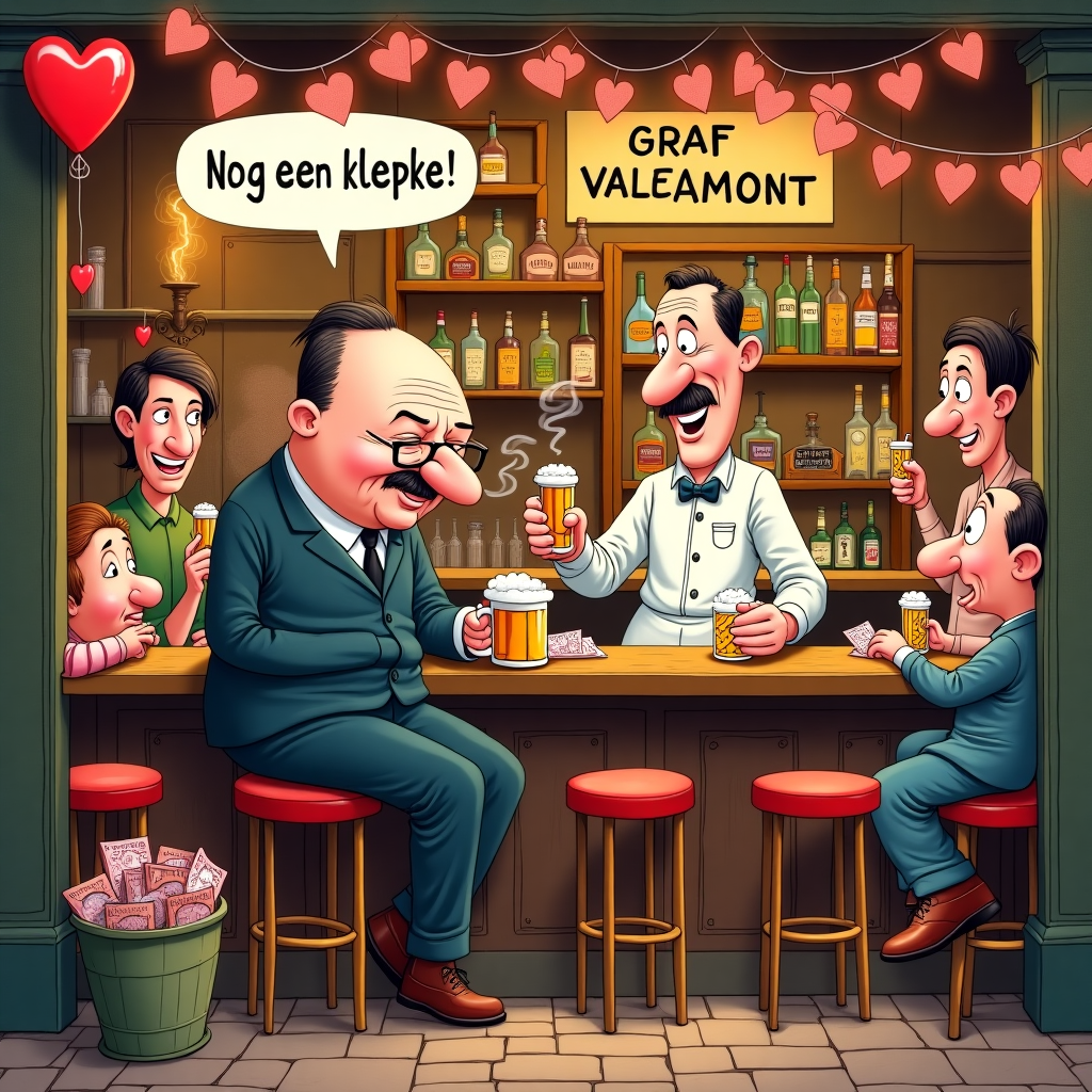 Adolf Hitler in a bar, Smoking a cigarette and drinking a beer, Bar is called Graaf van Egmont, He asks the bartender "Nog een klepke" in a text balloon., and Valentines-day Card