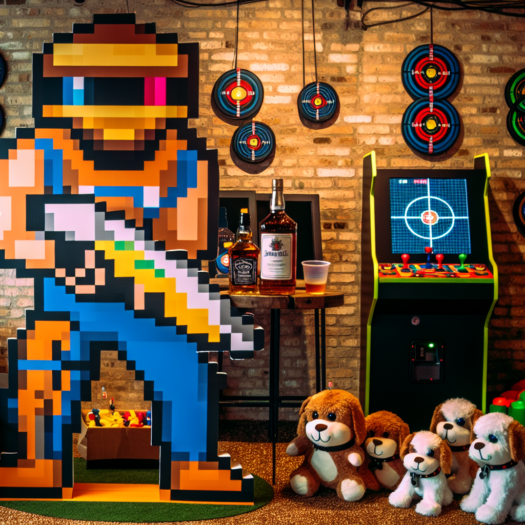 An adult's birthday party setting with an enjoyable yet genuine feel. A life-sized cutout of an unrecognizable arcade-style character in bright pixelated colors is positioned holding a bottle of high-end whiskey in one hand and a leash with various huggable puppy toys in the other, all amidst a background filled with gaming-inspired decorations. A corner designated as a 'shooting range' offers playful rivalry with foam dart guns available for a hint of lighthearted fun and competition.
Generated with these themes: Video Games, Whiskey, Dogs, and Guns.
Made with ❤️ by AI.