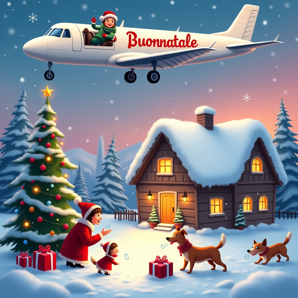In this whimsical winter wonderland, the scene is set in a picturesque snow-covered village with a cozy, warmly lit cottage nestled in the heart of a frosted landscape. It’s nearing dusk, and the sky is a tapestry of soft purples and pinks as the sun sets, with delicate snowflakes gently drifting down. A towering Christmas tree, adorned with twinkling lights and vibrant ornaments, stands proudly beside the house. Beneath the tree, a handful of brightly wrapped presents await their eager recipients. In the foreground, a joyful woman clad in a bright red coat and a woolen hat is crouching down, smiling at her daughter, who is playfully attempting to catch snowflakes on her tongue. The pair is bundled warmly, their cheeks rosy from the chilly air. Two exuberant dogs are leaping and bounding around them, their fur fluffed out like animated clouds, kicking up little flurries of snow as they play. 

High above, a gleaming white sport plane gracefully soars through the crisp winter sky. The plane bears the name "Demetrio" emblazoned in bold red letters across its side, easily visible from below. The pilot, a cheerful man in a Santa hat, leans out of the cockpit, enthusiastically waving down to the scene below. Meanwhile, the fluffy clouds in the background have been whimsically shaped to spell out “Buon Natale,” ensuring the recipient’s name is playfully incorporated into this delightful holiday tableau. The snow-covered roofs, the lively animals, and the bustling characters all combine to create a charmingly dynamic scene filled with movement and warmth, perfect for a festive Christmas greeting card.
Generated with these themes: Winter season with light snowing weather and day time nearly dusk, In the middle is house, christmas tree and few presents, In front of the house is woman with doughter and around are running two dogs in the deep snow, and Up in the sky is white sport plane with name on it Demetrio and inside is man waving down.
Made with ❤️ by AI.