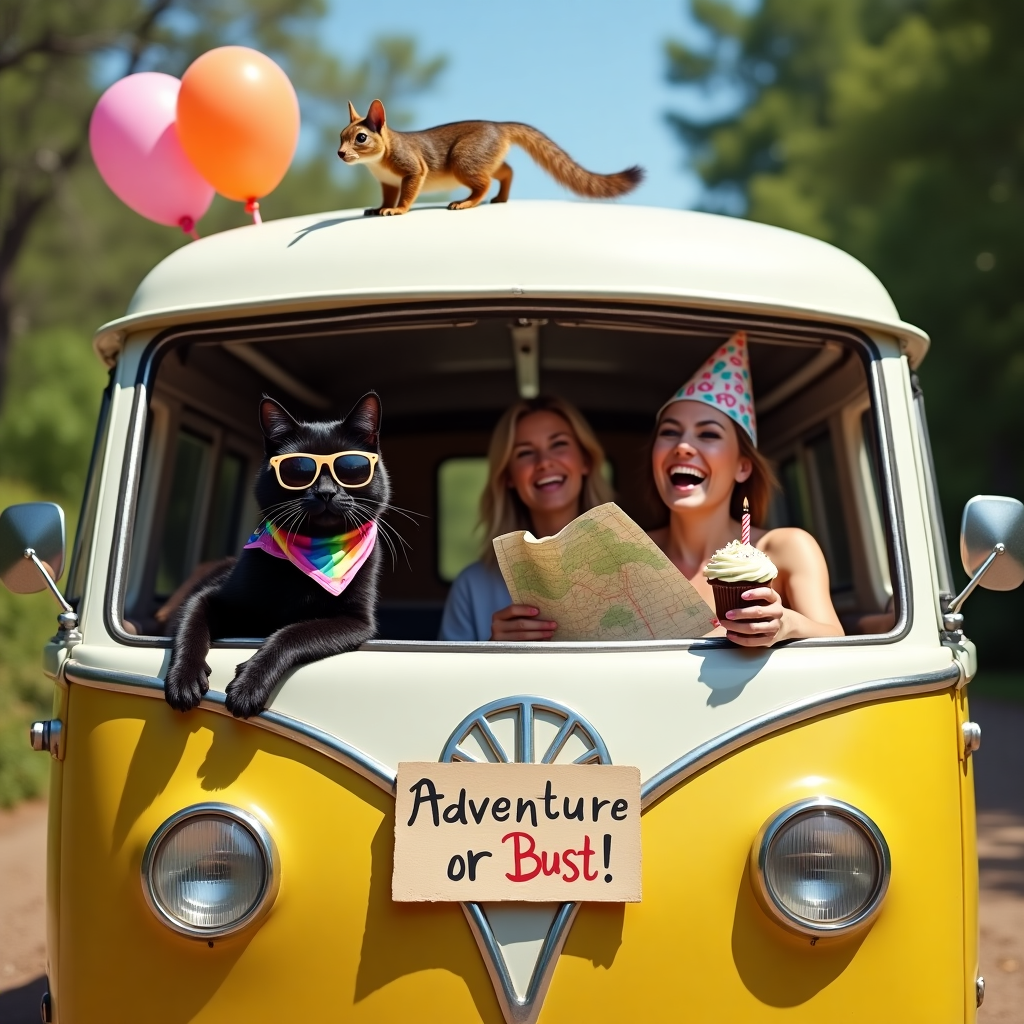 Black cat, Camper van, and Lesbian partner Birthday Card