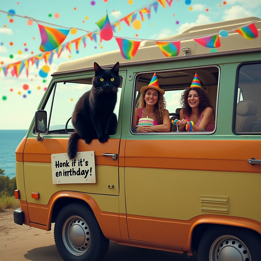 **Image Prompt:**  

A realistic photograph of a black cat sitting proudly in the driver’s seat of a vintage, slightly beat-up but colorful camper van (think retro 70s vibes). The van is parked in a scenic spot — maybe on a cliffside with the ocean in the background or deep in the forest — with rainbow flags playfully draped over the roof. Through the van's open side door, you can see two smiling women (lesbian partners), mid-laughter, tangled in birthday streamers, wearing goofy party hats. One is trying to bake a lopsided cake on a tiny camping stove while the other is blowing up balloons, clearly having inflated one too many and now surrounded by popping chaos. A "Honk if it's her birthday!" sign hangs off the back of the van, and the cat looks entirely unimpressed, adding to the humor.
Generated with these themes: Black cat, Camper van, and Lesbian partner.
Made with ❤️ by AI.