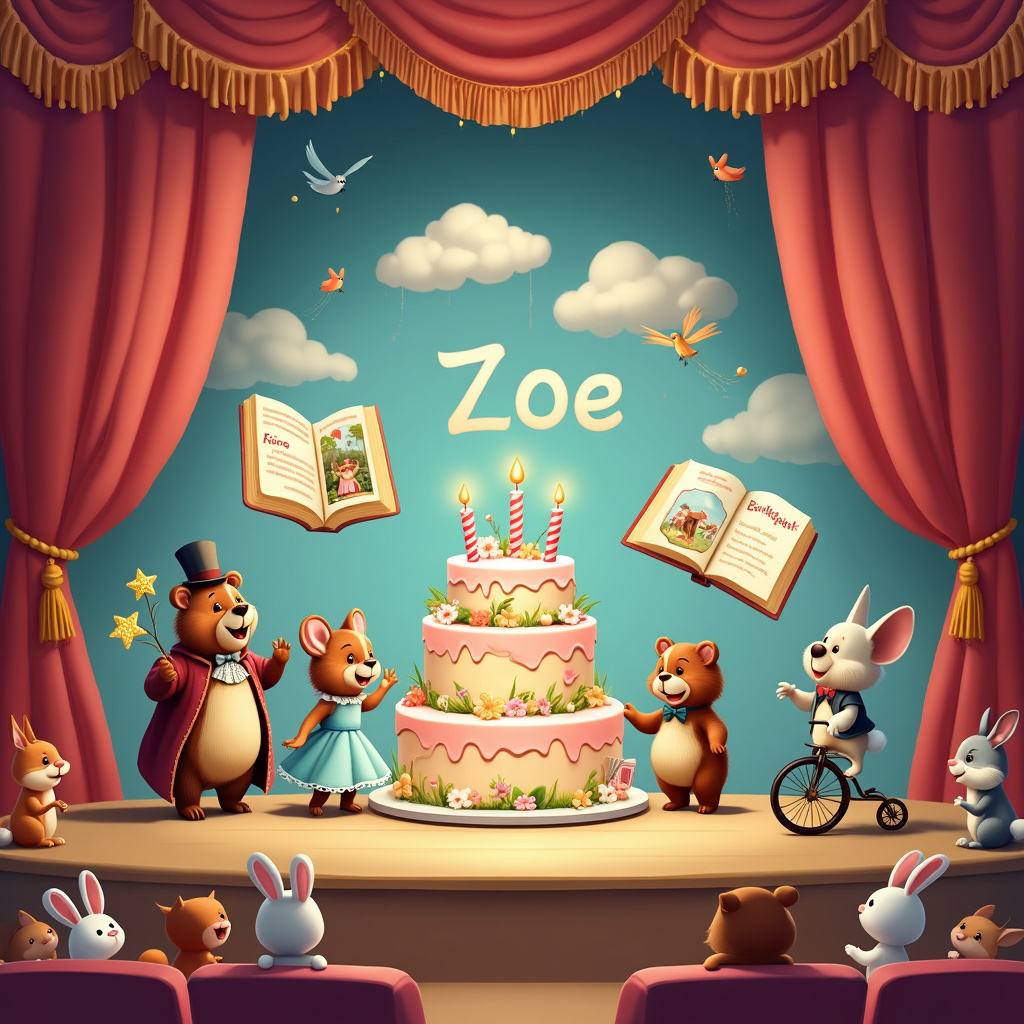 Picture a delightful, bustling theatre stage set for Zoe's birthday extravaganza. The scene is framed by red velvet curtains with golden tassels, dramatically parted to reveal the whimsical tableau. Center stage is a grand, multi-tiered birthday cake, lavishly decorated with pastel-colored frosting, delicate sugar flowers, and cheerful candles that spell out "Happy Birthday Zoe!" in intricate icing script.

Surrounding the cake, there's a lively cast of cute cartoon characters. To the left, a pair of friendly bears dressed as classic Shakespearean actors—one in a ruffled collar and doublet, the other in a long, flowing gown—are performing a jovial scene from "A Midsummer Night's Dream." One bear holds a large, open book titled "Fairy Tales for Zoe," its pages brimming with colorful illustrations.

On the right side of the stage, a mischievous cat and a playful dog, both wearing tiny top hats and bow ties, are engaged in an animated dance number. The cat twirls around holding a sparkly magic wand, while the dog balances on a unicycle, juggling miniature books with Zoe's name on their covers. 

Above the stage, suspended in the air like a backdrop, are large, whimsical book pages floating as if caught in a gentle breeze. Each page features classic storybook illustrations and snippets of text that magically incorporate Zoe's name into the narratives. One page, for example, shows "Zoe and the Enchanted Forest," while another reads, "Zoe's Great Adventure."

High above, fluffy clouds float in a clear blue sky, and among them, birds are arranging a sky-written message: "Happy Birthday Zoe!" in puffy, cloud-like letters. The entire scene is illuminated by warm, twinkling fairy lights strung along the proscenium arch and trailing down the side of the stage.

In the background, an audience of various adorable animals, including bunnies, squirrels, and foxes, are seated in plush, red theatre seats, eagerly watching the celebration unfold. Some are holding tiny balloons, while others are munching on popcorn or reading books with titles like "Zoe's Birthday Surprise."

This vibrant, bustling scene perfectly captures the joyous celebration of Zoe's special day, blending elements of theatre, books, cake, and a charming menagerie of animals into one delightful birthday card illustration.
Generated with these themes: Theatre, Books, Cake, Bears, Cats, and Dogs.
Made with ❤️ by AI.