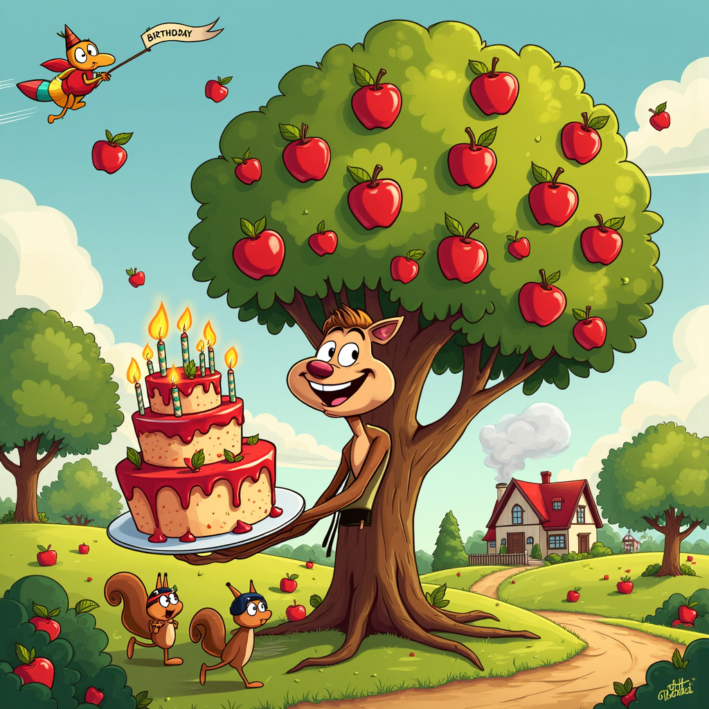 The front cover of the birthday greeting card showcases a vibrant, bustling apple orchard with a whimsical twist. Inspired by the imaginative blend of Charles Schulz's heartfelt simplicity, Bill Watterson's whimsical mischief, and Gary Larson's surreal humor, the scene is set in an idyllic, cartoonish orchard bathed in the warm, golden light of a late afternoon.

In the center, a jovial, anthropomorphic apple tree stands with a comical face, broad smile, and expressive eyes. Its limbs, which resemble quirky, flexible arms, are filled with bright red apples, some wearing tiny party hats. The tree's trunk is wide and sturdy, with a small door at its base, hinting at a secret, cozy home inside. 

Around the tree, a diverse cast of characters adds to the lively scene. To the left, a group of mischievous squirrels, drawn with a nod to Calvin and Hobbes’ energetic style, are attempting to carry a giant apple cake. The cake is intricately decorated with layers of icing that resemble apple slices, and candles that sparkle with magical, multicolored flames. One squirrel, balancing precariously on top, looks like it's about to tumble into the cake, its wide eyes and flailing limbs drawn with comic exaggeration.

On the right, a pair of cheerful, anthropomorphic apples are having a playful race. One wears a superhero cape and goggles, while the other sports a tiny jetpack, trailing puffs of cartoonish smoke. Their expressive faces are lit up with joyous determination, capturing the spirited competition.

In the background, more apple trees stretch across the rolling hills, each unique and characterful. Some trees are shaped like funny caricatures, adding a layer of humor, while others have little details like swings, treehouses, or even tiny apple-shaped hot air balloons tethered to their branches. A winding path dotted with colorful apple-shaped lanterns leads into the distance, where a cozy, apple-themed farmhouse can be seen with smoke gently rising from its chimney.

Above, in the blue sky, a banner pulled by a cheerful cartoon bird reads, "Happy Birthday!" in bold, playful letters, the message wrapped around a golden apple. The bird, reminiscent of classic Disney characters, sports a jaunty pilot cap and goggles, adding a nostalgic touch.

Every inch of the scene is filled with delightful details, ensuring there's always something new to discover, much like the layered storytelling of Hergé's Tintin or the rich backgrounds of Winsor McCay’s Little Nemo. The combination of fantastical elements and endearing characters ensures this birthday card is a keepsake, celebrating both the special day and the joy of discovery.
Generated with these themes: apples.
Made with ❤️ by AI.