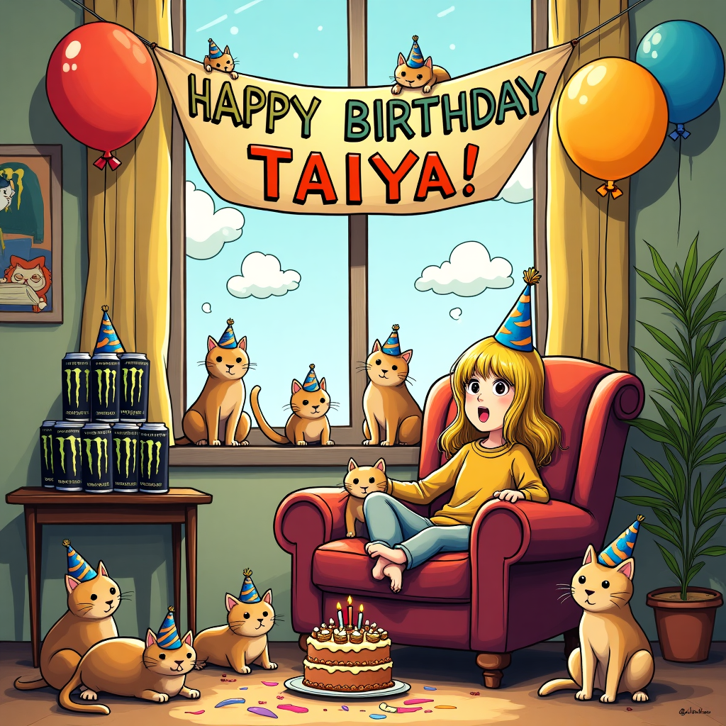 In the center of the card, a cozy living room is bustling with a delightful chaos of feline festivities. An introverted blonde girl, Taiya, is lounging comfortably in an oversized armchair, surrounded by a whirlwind of playful cats. Each cat sports a tiny, whimsical party hat, with one particularly mischievous tabby balancing precariously on the armchair's edge, pawing at a colorful, twirling streamer. To Taiya's side, a small table is brimming with an impressive stack of Monster Energy drinks, each can adorned with tiny cat paw prints. Overhead, a vibrant, hand-painted banner strung between two cheerful, hovering balloons proudly spells out "Happy Birthday Taiya!" in large, playful letters reminiscent of Hergé's Tintin adventures, each letter featuring its own little cartoon cat lounging or playing. The walls are decorated with cartoonish depictions of beloved manga-style characters, adding a touch of Tezuka's influence. In the background, a window reveals a bright sky with clouds subtly shaped into the letters "Taiya," where a few curious cats peer out, as if contemplating the mysteries of the world beyond their cozy abode. A cake sits on the floor, comically guarded by a sphinx-like cat with a stern expression, daring anyone to come too close, while the room is littered with cat toys and cartoon-like thought bubbles showing Taiya's content musings, all inspired by the quirky style of Gary Larson's The Far Side.
Generated with these themes: Introvert blonde girl with lots of cats and monster drinks.
Made with ❤️ by AI.