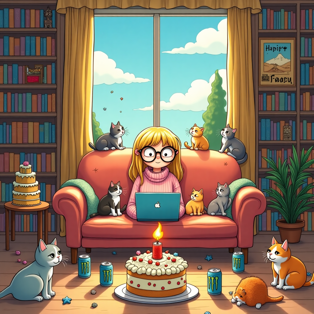 Introvert blonde girl with lots of cats and monster drinks Birthday Card