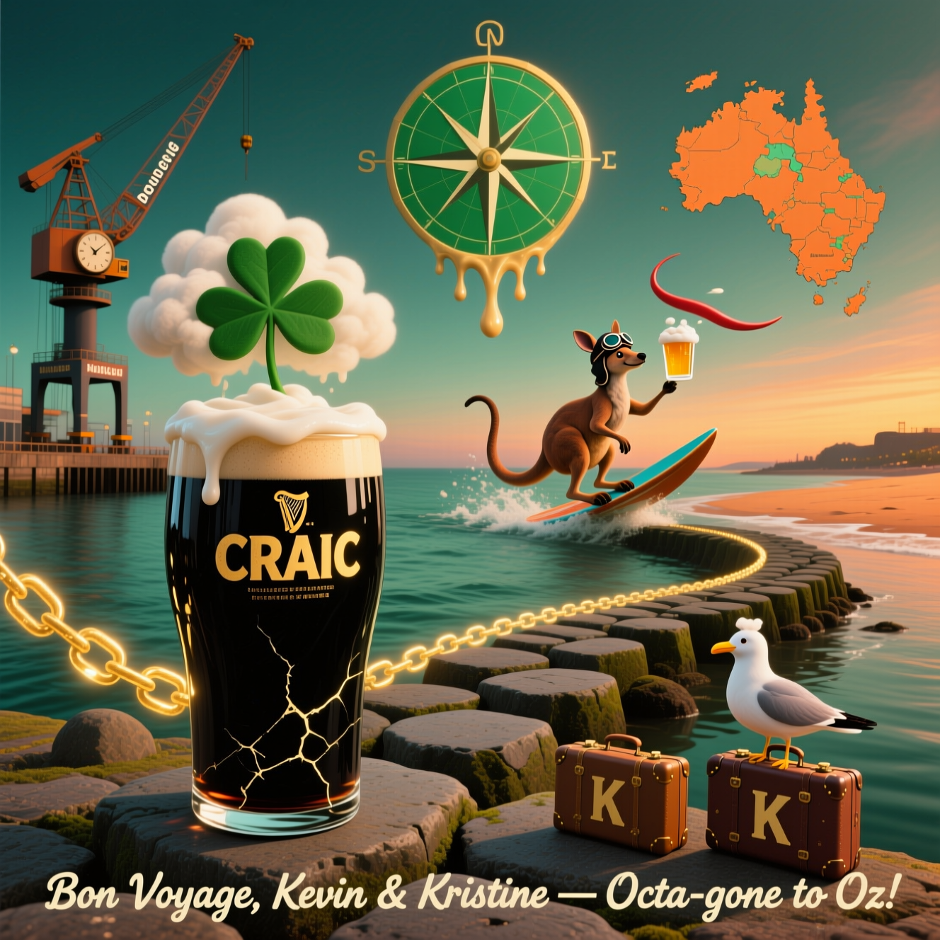 Bon voyage Kevin & kristine, Ireland to Australia, belfast, craic , Guinness, octagon, and Farewell Card