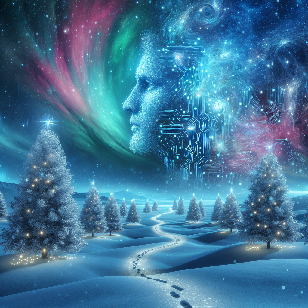 A dreamlike, snowy landscape stretches under a swirling aurora borealis, with Ryan Gosling's serene face embedded within the colors. Shimmering Christmas trees are composed entirely of circuit boards and fiber optic cables, twinkling with data as ornaments. A sinuous path of footprints leads away on an impossible, never-ending walk under the stars.
Generated with these themes: Ryan Gosling, Computers, and Long Walks.
Made with ❤️ by AI.