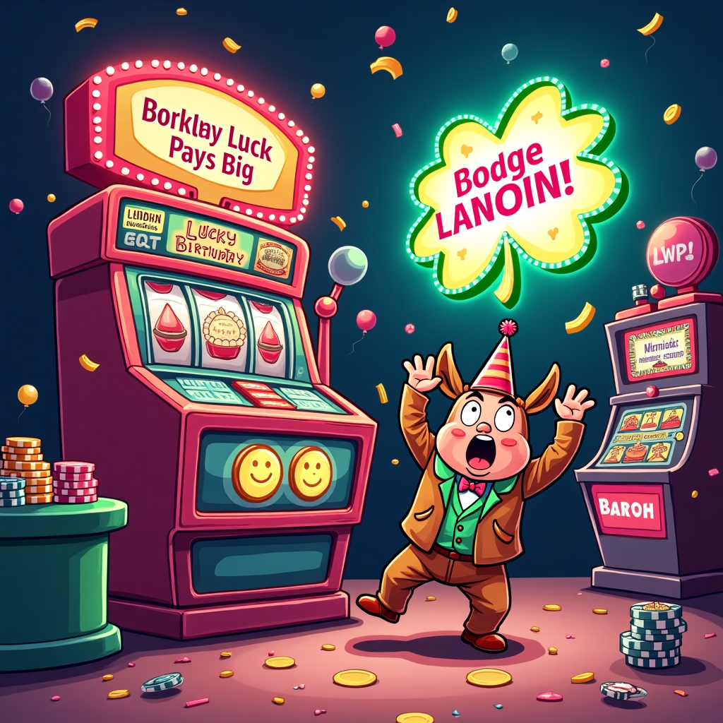 **Prompt for AI Image Generation:**

At the top of the illustration image, include the line:  
**"Landin, you just hit the birthday jackpot!"**

Create a colorful, cartoon-style illustration in a humorous tone. The scene shows a lively Las Vegas-style slot machine—except instead of cherries and bars, the reels show balloons, slices of cake, and smiley faces wearing party hats. The machine is spewing out confetti and golden birthday candles instead of coins. Next to the machine, a surprised, goofy-looking Landin character (wearing a "Lucky Birthday Suit" made of casino chips and streamers) is throwing his hands in the air like he’s just won a million dollars.

Around him are ridiculous birthday-themed "gambling tables"—one labeled “Pin-the-Tail Poker” with donkeys wearing visors, another is “Roulette of Regrets” with shots of birthday punch as chips. Above the whole casino floor, a huge neon sign shaped like a four-leaf clover flashes the words “Birthday Luck Pays Big!”

Use bold, bright colors and exaggerate the silliness. Make it vibrant, wild, and irresistibly fun.
Generated with these themes: Lottery , Birthday, Luck, Gambling , and Funny.
Made with ❤️ by AI.