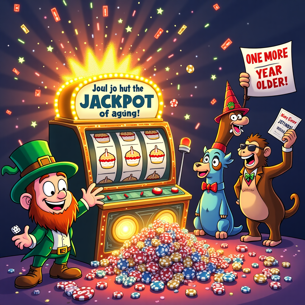 At the top of the illustration image, "Landin, you just hit the JACKPOT of aging!"

**Image Prompt:**
A vibrant, cartoon-style casino scene featuring a birthday-themed slot machine. The machine is lit up with blinking lights and shows a jackpot combo of three smiling birthday cakes on its reels. Bursting from the top of the machine are glittery streamers, confetti, and a ridiculous avalanche of lottery scratch cards.  

A lucky leprechaun wearing a party hat is gleefully throwing dice while a pile of poker chips forms the shape of a birthday cake on the table. In the background, an excited gang of party animals (literally: a llama in sunglasses, a chicken in a feather boa, and a monkey in a tuxedo) cheer as one of them holds a winning lottery ticket that says “ONE MORE YEAR OLDER!”

The overall mood is colorful, zany, and full of wild party chaos – like Las Vegas collided with a birthday party and everyone bet it all on Landin having a lucky year ahead.
Generated with these themes: Lottery , Birthday, Luck, Gambling , and Funny.
Made with ❤️ by AI.