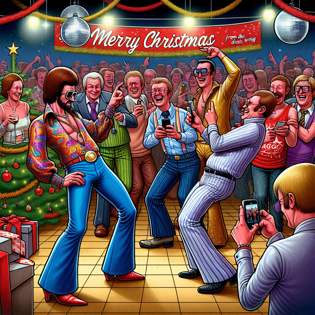 Stag party where stag is dressed as Jimmy Savile and stag party are men dressed as school girls, At a strip club where stag who is dressed as Jimmy Savile is having a lap dance from a stripper, Everyone in the stag party are laughing and having fun, Filming the strip tease with there mobile phones, and The stag who is dressed as Jimmy Savile looks really uncomfortable Christmas Card