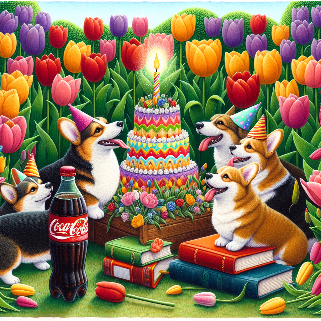 A whimsical birthday illustration portrays a group of jubilant corgis having fun amongst radiant tulips in a abundant garden. One of the corgis wears a festive party hat and is lightheartedly nudging a refreshing generic cola bottle with its nose, while the rest are congregated around a stack of multi-colored books. Serving as the centerpiece, this non-traditional birthday cake arrangement is adorned with a single lit candle perched on top.
Generated with these themes: Corgis, Tulips, Pepsi, and Books.
Made with ❤️ by AI.