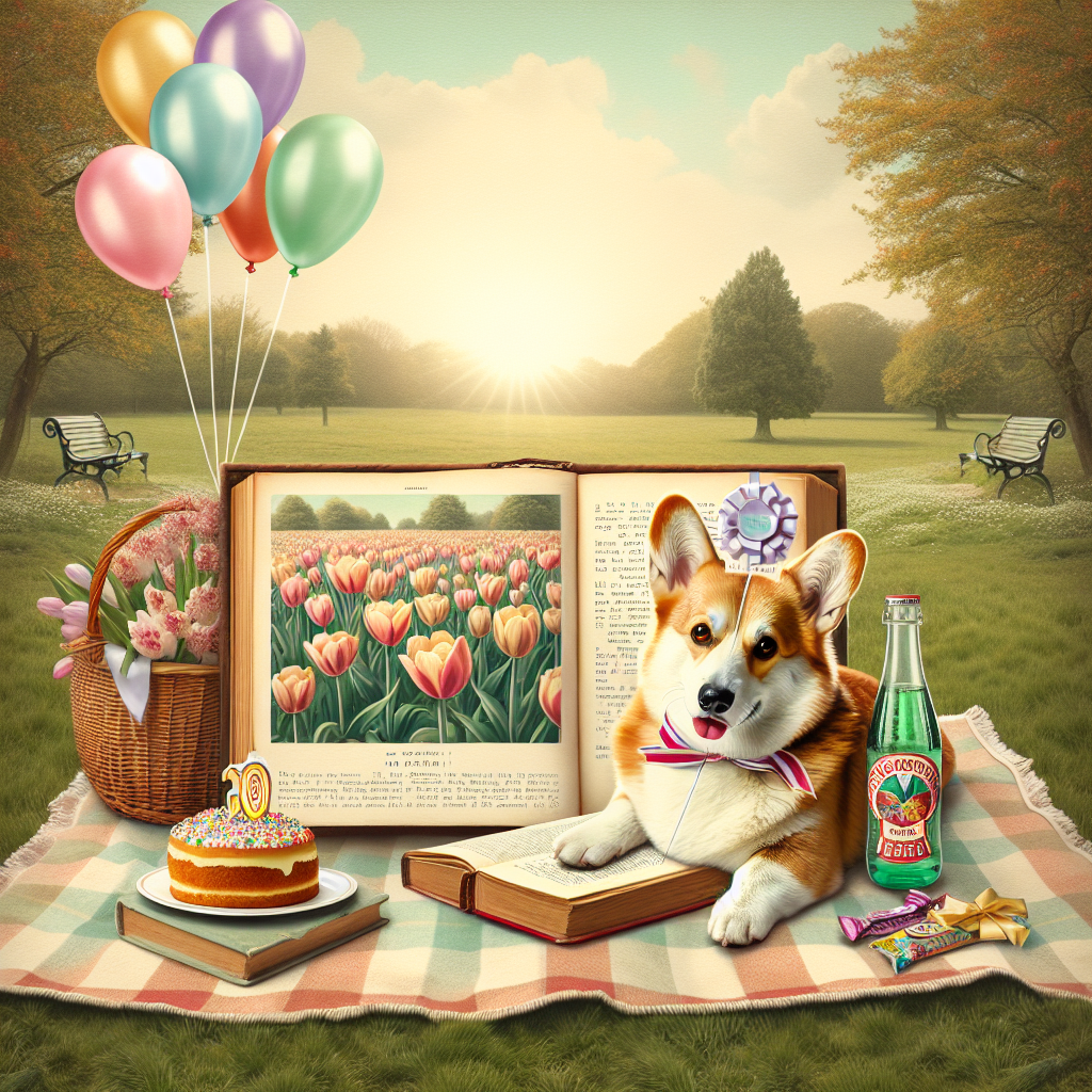 Generate an image depicting a tranquil park scene. A corgi with a birthday ribbon tied around its neck is lying next to a picnic blanket. On this blanket is an open book with illustrations of tulip fields, hinting at an appreciation for both nature and literature. There is also an old-fashioned soft drink bottle, adding a nostalgic touch to the celebratory atmosphere. In the sky above, balloons gently float, completing the birthday theme.
Generated with these themes: Corgis, Tulips, Pepsi, and Books.
Made with ❤️ by AI.