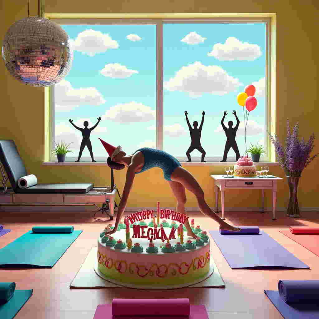 In the foreground of this humorous birthday card scene, a vibrant Pilates studio is transformed into an unexpected celebration space. The room is filled with colorful yoga mats arranged in a semicircle, each adorned with party hats at the top. A Pilates instructor mannequin, wearing a sequined leotard and a sparkling tiara, is hilariously posed mid-plank atop an enormous, inflatable birthday cake, its pastel icing looking almost deliciously real. Above her head, a swirling garland of resistance bands spells out “Happy Birthday Megan!” in bold, glittery letters.
To the left, a Pilates reformer is humorously repurposed as a buffet table, laden with small, bite-sized cupcakes and party snacks. Each reformer spring is humorously decorated with tiny streamers that flutter with the slightest breeze. Hanging from the ceiling, a disco ball made entirely of mirrored Pilates rings catches the light, casting whimsical reflections across the room. On the right, a group of life-sized cardboard cutouts of famous Pilates instructors from history hold balloons in one hand and champagne flutes in the other, creating a delightful, unexpected party atmosphere.
The backdrop is a large window revealing a sunny sky filled with fluffy, cartoonish clouds shaped like various Pilates poses. Among them, a particularly artistic cloud spells out “Megan,” subtly integrating her name into the serene sky scene. On the windowsill, a small bouquet of lavender and daisies in a rustic vase adds a touch of nature, complementing the lively indoor celebration. This scene captures the playful juxtaposition of a serious workout space and a festive birthday bash, all in honor of the Pilates queen, Megan.
Generated with these themes: pilates queen.
Made with ❤️ by AI.