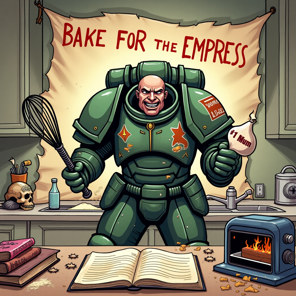 **Prompt:**  
An illustration-style image featuring Warhammer’s Tactical Space Marine Titus in full bulky armor, hilariously out of place in a cozy kitchen, frantically trying to bake a Mother's Day cake. He’s holding a whisk like a chainsword, covered in flour, with an exploded mixer behind him. The oven is open with something charred and smoking inside. On the counter, a recipe book titled "Baking for the Emperor" lies open. A Servo-Skull floats nearby holding a piping bag that reads “#1 Mum”. A scroll unfurls dramatically behind Titus that says in gothic lettering: “MISSION: BAKE FOR THE EMPRESS”. Bright, funny colors with comic-style action lines exaggerate the chaos.
Generated with these themes: Warhammer tacticus Titus .
Made with ❤️ by AI.