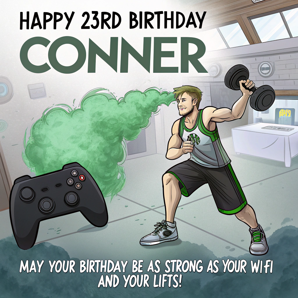 At the top of the image, "Happy 23rd birthday Conner":

Add at the bottom of the image, "May your birthday be as strong as your Wi-Fi and your lifts!"

- In the center of the image, depict a humorous scene where Conner, sporting a gym outfit and a PlayStation controller in hand, is balancing a roofing tile on one shoulder and a dumbbell on the other, with a cloud of green smoke whimsically swirling around, symbolizing the weed theme.
Generated with these themes: Roofing ,  gym , PlayStation ,weed , and .
Made with ❤️ by AI.