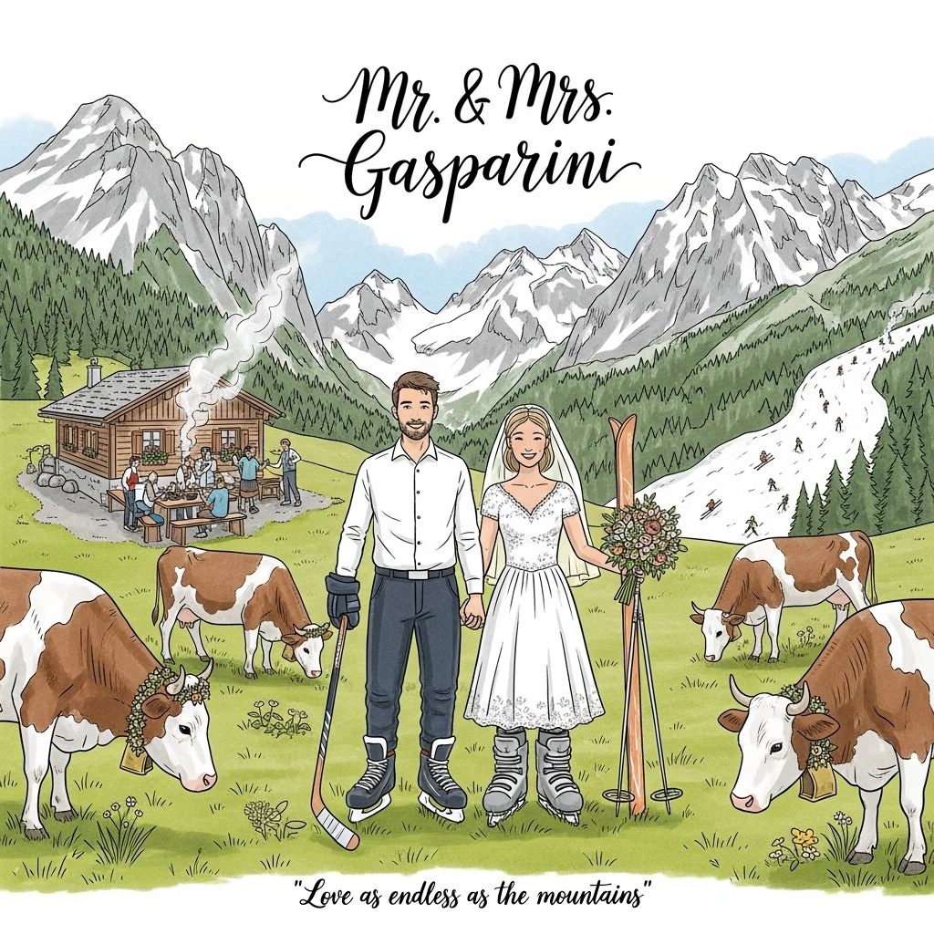 Hockey, mountains, Austria, cows, skiing, bbq, and Wedding Card