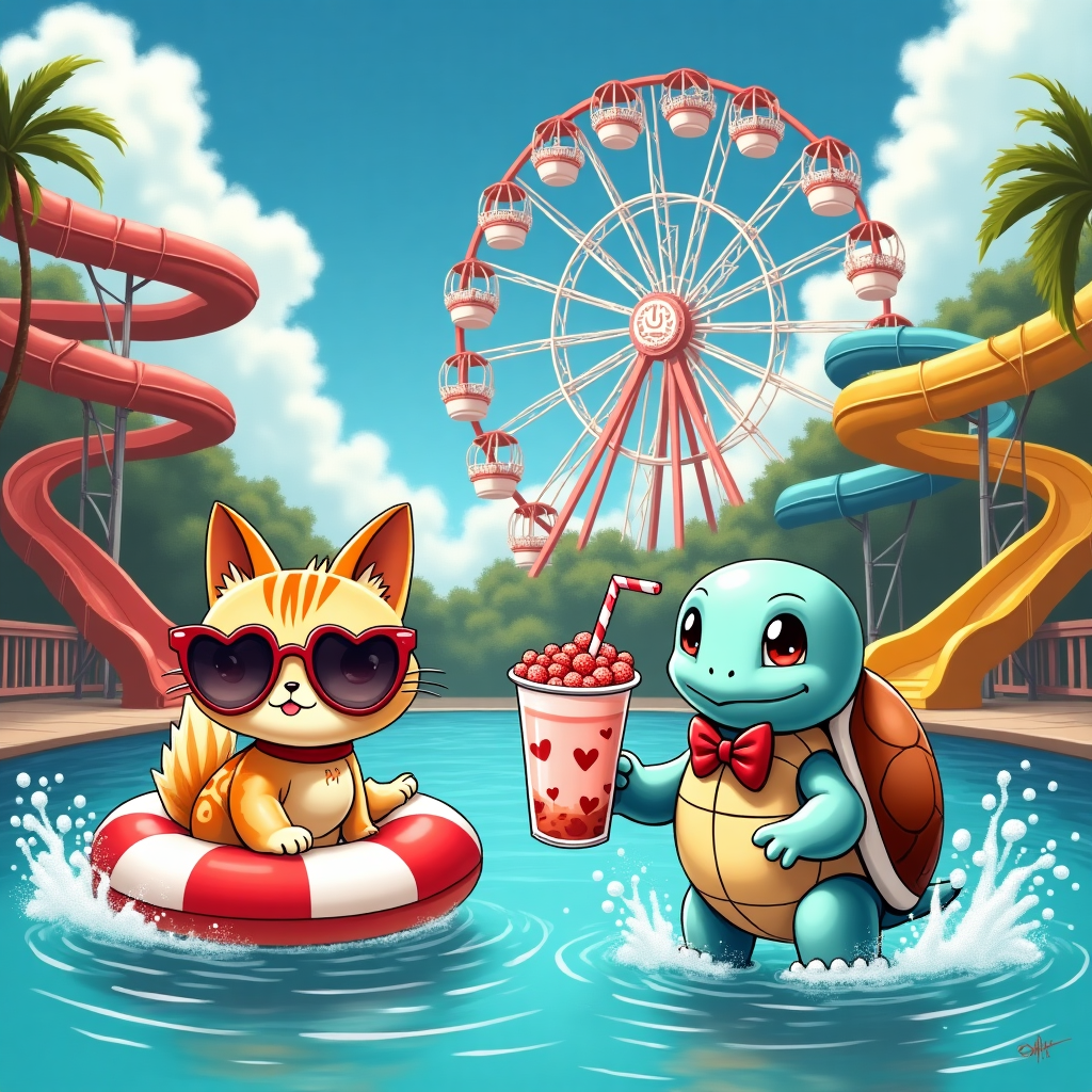 In this vibrant, whimsical Valentine's Day scene, set in a bustling water park, imagine a panorama filled with delightful chaos and intricate details reminiscent of the illustration styles of Norman Rockwell and Maurice Sendak.

**Foreground:**
In the center, a charming, hand-drawn Squirtle (inspired by Pokémon), stands on two legs with a mischievous grin. Squirtle wears a tiny red bowtie, its shell gleaming in shades of aquamarine and sky blue. In one paw, it holds a large bubble tea cup, overflowing with tapioca pearls that sparkle like tiny marbles in colors of onyx and caramel.

To Squirtle's left, a playful tabby cat, with fur patterned in rich shades of orange and cream, is perched atop a heart-shaped floaty. The cat wears oversized, comical sunglasses with heart-shaped frames, giving it an amusingly sophisticated look.

**Midground:**
Behind Squirtle and the cat, the water park is alive with activity. Multiple slides twist and turn in a kaleidoscope of colors—candy apple red, sunlit yellow, and deep ocean blue. Water splashes vividly from the slides, creating arcs and droplets that glisten like diamonds under a bright azure sky.

Scattered around the slides, other Pokémon like Psyduck and Jigglypuff engage in playful antics. Psyduck struggles humorously to balance a large bubble tea on its head, while Jigglypuff lounges on a lily pad-shaped pool float.

**Background:**
At the back, a towering Ferris wheel stands, adorned with gondolas shaped like Pokéballs. Each gondola is painted in traditional red and white, with intricate detailing resembling lace, a nod to Aubrey Beardsley's style.

**Sky:**
Above the Ferris wheel, written in fluffy white clouds, is the name "Elodie." The clouds are whimsically shaped, each letter flowing into the next, like a gentle summer breeze.

**Additional Details:**
Small, cleverly hidden elements include tiny cats peeking out from the water slides and Squirtles riding mini waveboards in the splash pool, their expressions captured with Edward Gorey-like precision.

This scene is a dynamic and colorful tapestry, blending the playful essence of Pokémon with the whimsy of cats and bubble tea, set against the lively backdrop of a sun-drenched water park.
Generated with these themes: Cats, Squirtle , Pokemon, Bubble tea , and Water park.
Made with ❤️ by AI.