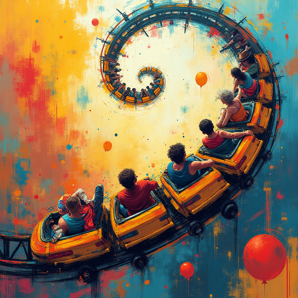 **Image Prompt:**

Imagine a vibrant, abstract rollercoaster scene where the tracks twist and loop in impossible, fluid curves. Geometric shapes and bold colors clash and dance, creating a sense of wild motion and excitement. A cacophony of bright yellows, blues, and reds blend with dynamic brush-stroke textures that give the impression of speed and thrill. Hidden within the swirling shapes, you can spot elements of party hats, confetti, and balloons caught in the ride, as if the rollercoaster itself is celebrating. 

**Text (optional, if it enhances the image):** "Age is just another loop in the ride!"
Generated with these themes: Rollercoaster , and .
Made with ❤️ by AI.