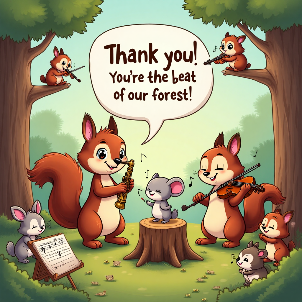 At the top of the Cartoon Style image, the text reads: "Thank you!"

**Image Description:**

In a vibrant woodland setting, a whimsical scene unfolds with adorable cartoon animals playing a joyful melody together. In the center, a dapper squirrel with a bushy tail expertly plays the clarinet, its cheeks puffed with excitement. Beside it, another cheerful squirrel stands on its hind legs, passionately playing a violin, eyes closed as if lost in the music.

To the side, a wise old owl is perched on a sturdy tree branch, eyes twinkling as it watches over the woodland concert. A tiny mouse stands on a makeshift stage, crafted from a tree stump, elegantly playing a miniature piano, its little paws a blur over the keys.

All around, a chorus of woodland creatures, including rabbits, birds, and hedgehogs, gathers around with delighted expressions, clapping along in rhythm. In the foreground, a small wooden music stand holds a sheet of music with comically large notes, titled "Woodland Symphony."

Above the scene, a whimsical text bubble emerges from one of the squirrels, humorously exclaiming, "You're the beat of our forest!" in a playful, cartoonish font. The entire image is filled with bright, saturated colors and thick outlines, giving it an energetic and cheerful vibe, perfect for a thank-you card.
Generated with these themes: Clarinet, Violin, Piano, Squirrels, Woodland, Music stand, and .
Made with ❤️ by AI.
