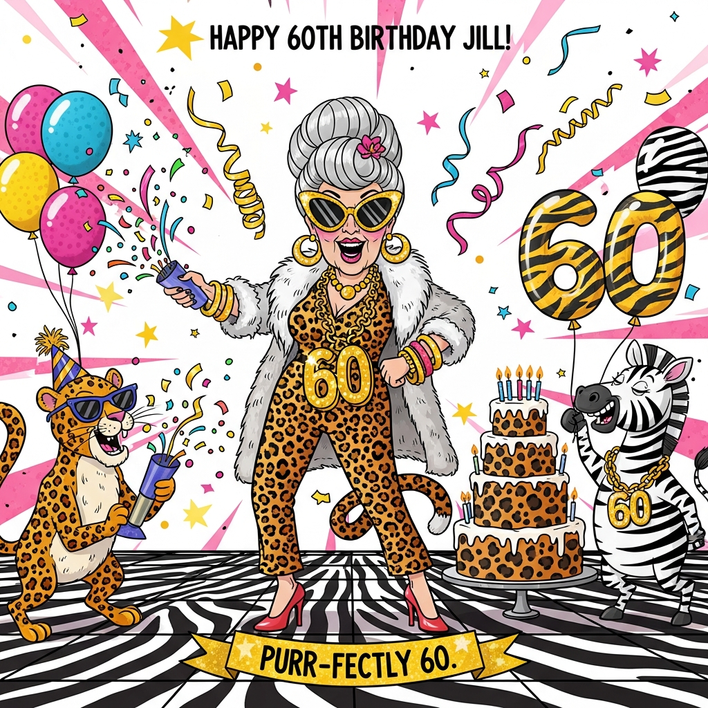 60th birthday woman animal print chunky gold jewelry, and Birthday Card