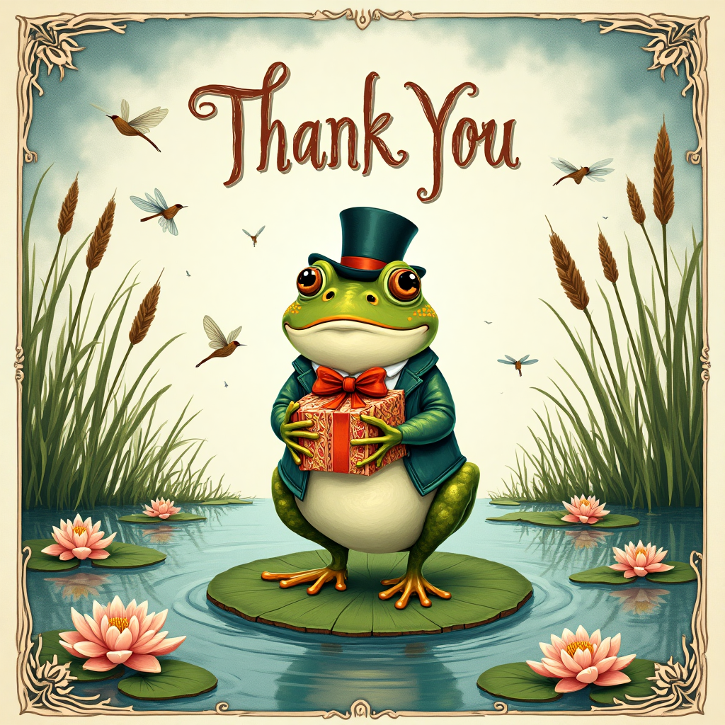 ## Prompt for Illustration

At the top of the Illustration Style image, elegantly inscribe the text "Thank You" in a whimsical, classic typeface reminiscent of Quentin Blake’s hand-lettering style.

**Main Scene:** At the center of the illustration, place an animated, anthropomorphic frog standing atop a whimsical lily pad. The frog is dressed in a charming Victorian-style outfit, inspired by Beatrix Potter's characters, with a small top hat perched jauntily on its head and a bow tie snugly tied around its neck. The frog is holding a colorful, wrapped gift in its outstretched hands, adorned with a vibrant red ribbon and bow.

**Background Elements:** The scene is set in an enchanting pond under the gentle light of a late afternoon sun, much like the detailed works of Arthur Rackham. Tall cattails and lush reeds frame the edges of the image, with delicate dragonflies flitting around, their wings glinting in the light. Floating nearby, small clusters of water lilies bloom in hues of soft pinks and whites, their reflections shimmering in the pond's serene surface.

**Color Palette:** The color scheme should take inspiration from Maxfield Parrish’s palette, using rich blues and purples in the background sky, fading into softer pastel hues as it meets the water. The frog’s outfit should incorporate earthy greens and browns, with pops of vibrant colors in the gift and accessories.

**Details and Accents:** In the spirit of Edward Gorey, include intricate line work to accentuate the textures of the frog’s outfit, the veins of the lily pads, and the delicate wings of the dragonflies. A few small birds in the background, possibly sparrows or finches, add a touch of animation, captured in mid-flight above the pond.

**Border:** A subtle, ornate border inspired by Aubrey Beardsley frames the illustration, with flowing lines and delicate motifs of lilies and dragonflies interwoven.
Generated with these themes: [⚠️ Suspicious Content] **Main Scene:** At the center of the illustration, place an animated, anthropomorphic frog standing atop a whimsical lily pad. The frog is dressed in a charming Victorian-style outfit, inspired by Beatrix Potter's characters, with a small top hat perched jauntily on its head and a bow tie snugly tied around its neck. The frog is holding a colorful, wrapped birthday present in its outstretched hands, adorned with a vibrant red ribbon and bow.  **Background Elements:** The scene is set in an enchanting pond under the gentle light of a late afternoon sun, much like the detailed works of Arthur Rackham. Tall cattails and lush reeds frame the edges of the card, with delicate dragonflies flitting around, their wings glinting in the light. Floating nearby, small clusters of water lilies bloom in hues of soft pinks and whites, their reflections shimmering in the pond's serene surface.  **Color Palette:** The color scheme should take inspiration from Maxfield Parrish’s palette, using rich blues and purples in the background sky, fading into softer pastel hues as it meets the water. The frog’s outfit should incorporate earthy greens and browns, with pops of vibrant colors in the present and accessories.  **Details and Accents:** In the spirit of Edward Gorey, include intricate line work to accentuate the textures of the frog’s outfit, the veins of the lily pads, and the delicate wings of the dragonflies. A few small birds in the background, possibly sparrows or finches, add a touch of animation, captured in mid-flight above the pond.  **Border and Typography:** A subtle, ornate border inspired by Aubrey Beardsley frames the illustration, with flowing lines and delicate motifs of lilies and dragonflies interwoven. The title "Happy Birthday" is elegantly inscribed at the top in a playful, yet classic typeface reminiscent of Quentin Blake’s hand-lettering style.  This card cover combines the detailed illustration style of classic artists with whimsical, storybook elements, capturing a birthday scene full of charming, nature-inspired details., and .
Made with ❤️ by AI.