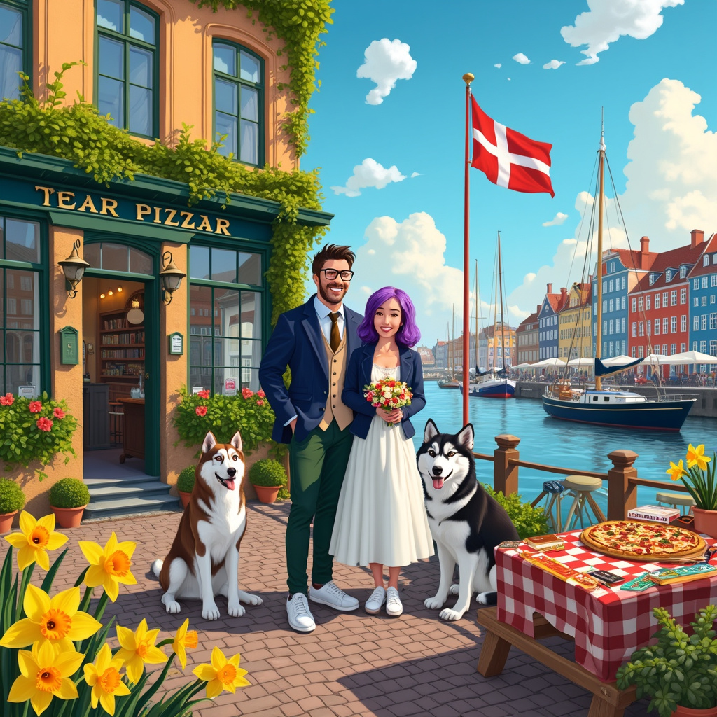Brown and white female malamute, Black and white female malamute , Dark haired groom with glasses, wearing dark green trousers and dark blue jacketb, Purple haired bride wearing knee length white dress and white trainers , Copenhagen , Registery office wedding , Pizza , Board games , Danish flag , and Daffodils Wedding Card