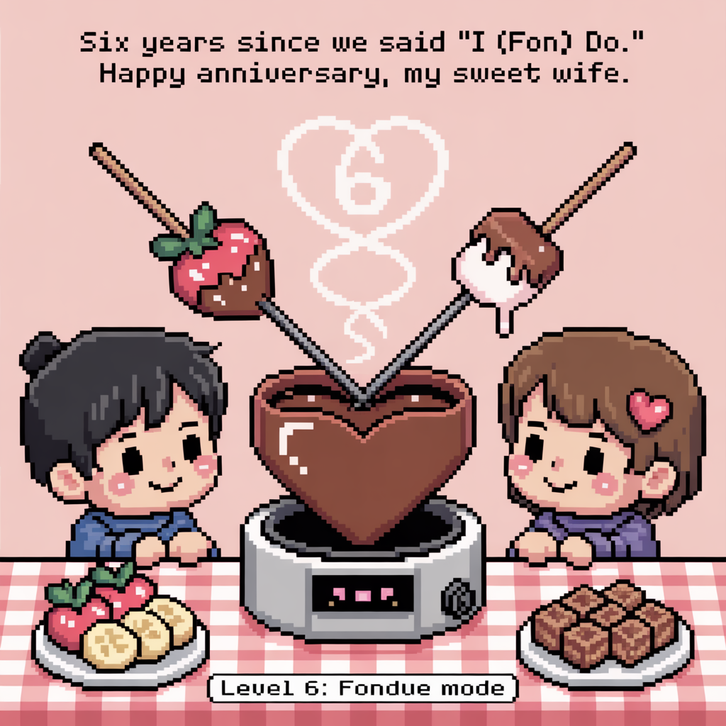 At the top of the Pixel Art Style image, "Six years since we said 'I (fon) do.' Happy anniversary, my sweet wife."

At the bottom of the image, "Level 6: Fondue Mode"

- Centerpiece scene: A large heart-shaped chocolate fondue pot on a tiny pixel warmer, bubbling with glossy cocoa and sparkling pixel highlights. Two long skewers cross above it like celebratory swords—one holds a strawberry half-dipped, the other a marshmallow with a cute chocolate drip.
- Subtle anniversary nod: Rising steam curls into a soft, pixel heart that loops into the shape of a “6” above the pot.
- Characters: Two adorable chibi-style pixel lovers seated on either side of a checkered tablecloth, rosy cheeks and bright smiles, leaning in together. One wears a tiny heart hair clip; the other has a simple scarf—both cozy and cute.
- Treats tray: Neat pixel rows of strawberries, banana slices, pretzels, and brownie cubes on small plates.
- Background: Warm, cozy room with pastel walls and a string of tiny heart-shaped fairy lights; a window with starry night pixels. Floating mini-hearts and sparkles drift upward.
- Style notes: Crisp 8-bit pixel art, chunky squares, no anti-aliasing. Limited vibrant palette: cocoa browns, cream, cherry red, rose pink, warm gold, mint. Simple two-tone shading and gentle dithering for depth.
- Typography: Big, readable pixel font for the headline; small, playful pixel font for the bottom line. Add a faint drop-shadow to both lines for contrast.
Generated with these themes: Chocolate fondue, and .
Made with ❤️ by AI.